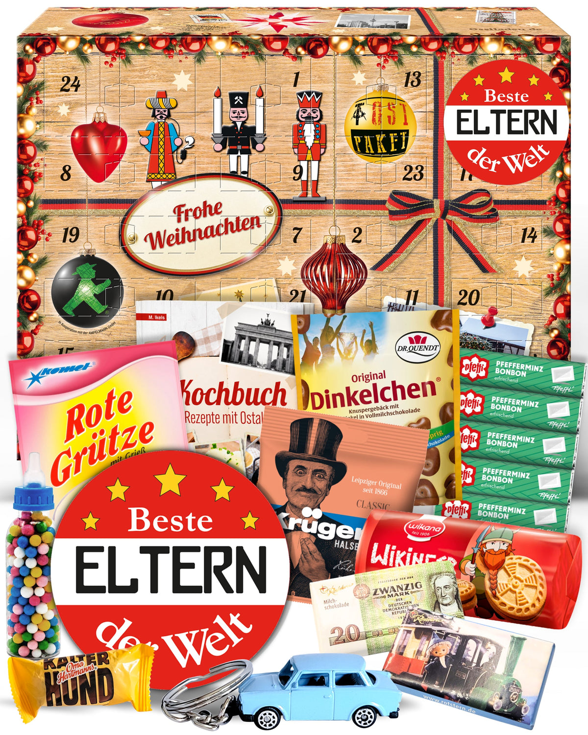 Beste Eltern der Welt - Ostalgie Adventskalender 2026 – 24 Erinnerungen & Kultprodukte mit Marken wie Viba, Halloren, Zetti, Komet & Pfeffi