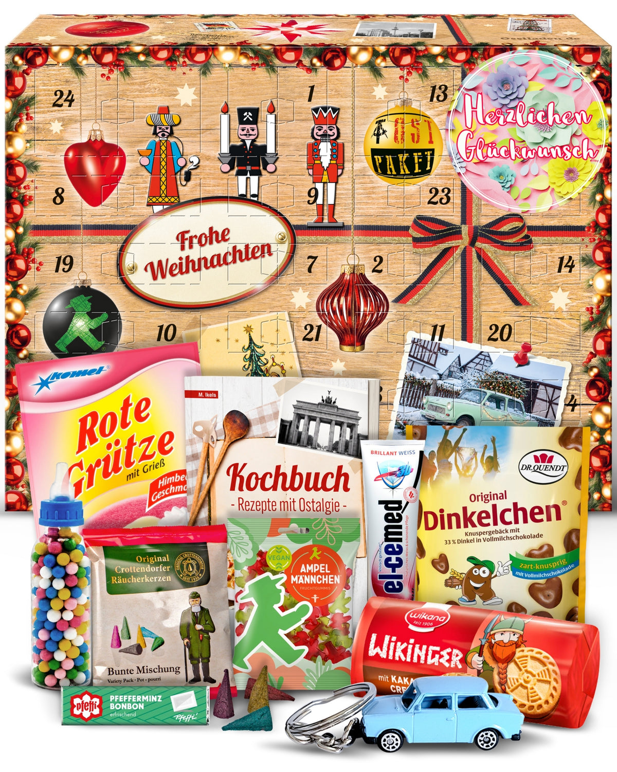 Herzlichen Glückwunsch Blume - Ostalgie Adventskalender 2026 – 24 Erinnerungen & Kultprodukte mit Marken wie Viba, Halloren, Zetti, Komet & Pfeffi