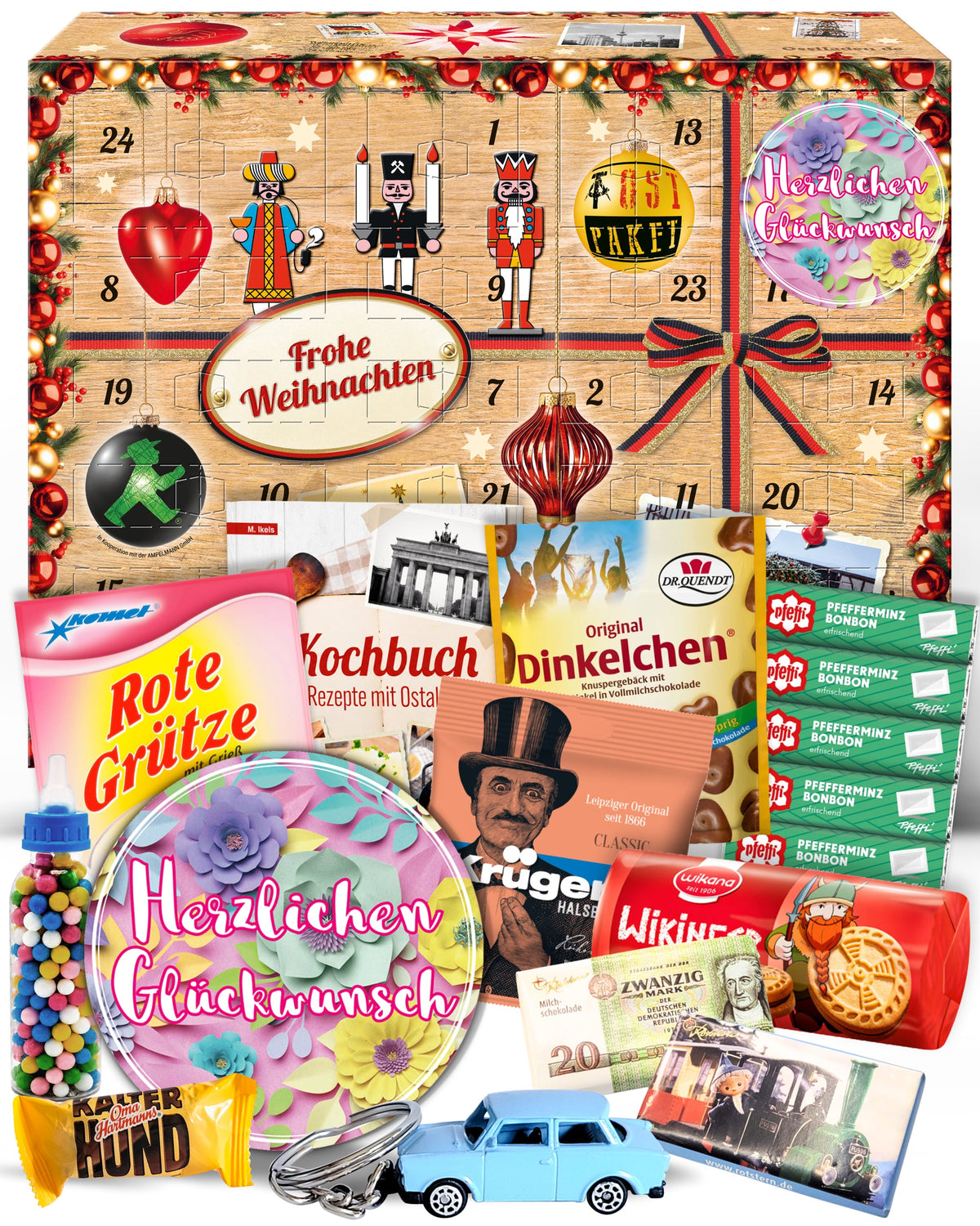 Herzlichen Glückwunsch Blume - Ostalgie Adventskalender 2026 – 24 Erinnerungen & Kultprodukte mit Marken wie Viba, Halloren, Zetti, Komet & Pfeffi