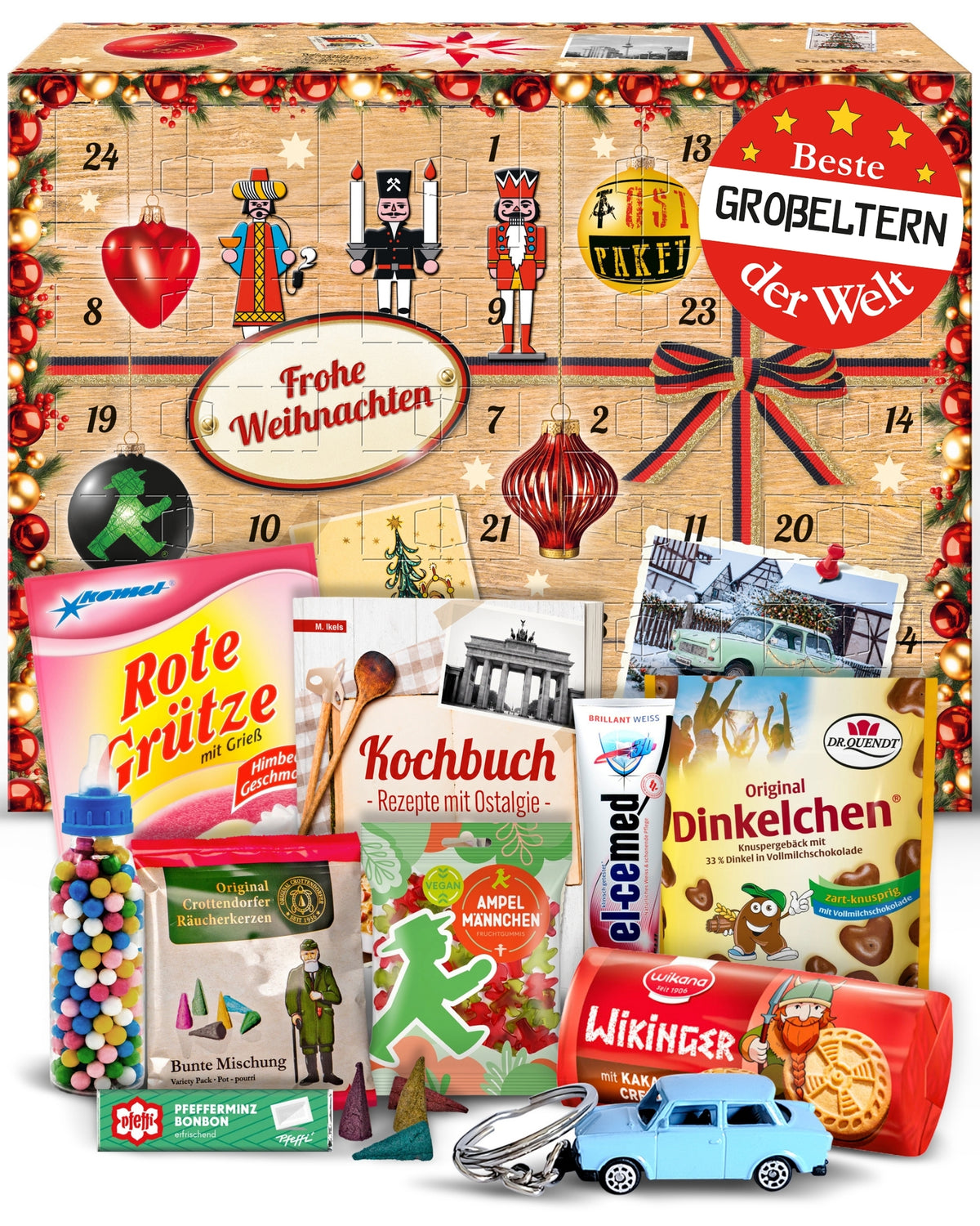 Beste Großeltern der Welt - Ostalgie Adventskalender 2026 – 24 Erinnerungen & Kultprodukte mit Marken wie Viba, Halloren, Zetti, Komet & Pfeffi