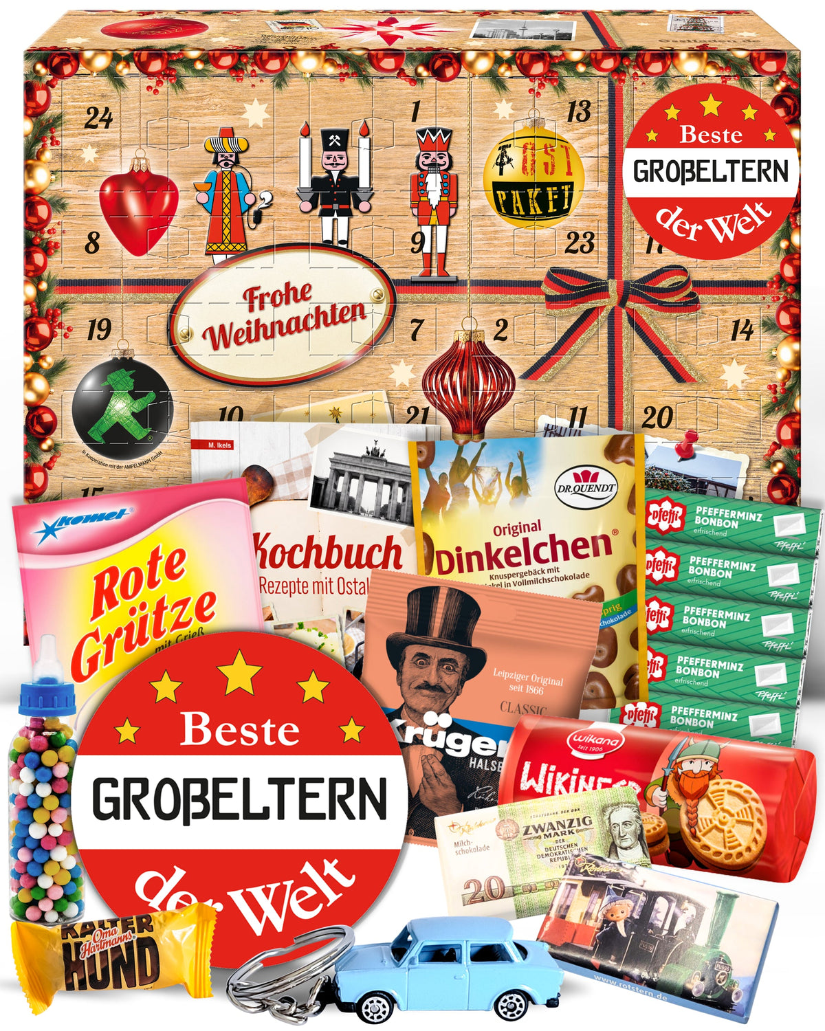 Beste Großeltern der Welt - Ostalgie Adventskalender 2026 – 24 Erinnerungen & Kultprodukte mit Marken wie Viba, Halloren, Zetti, Komet & Pfeffi