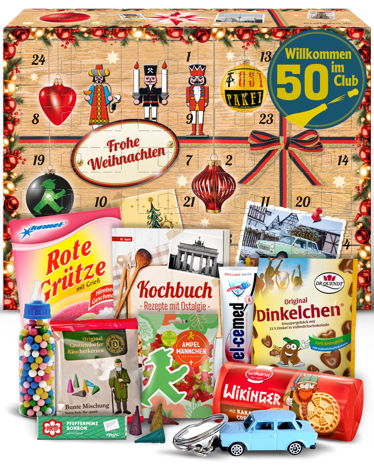 Wilkommen im Club 50 - Ostalgie Adventskalender 2026 – 24 Erinnerungen & Kultprodukte mit Marken wie Viba, Halloren, Zetti, Komet & Pfeffi