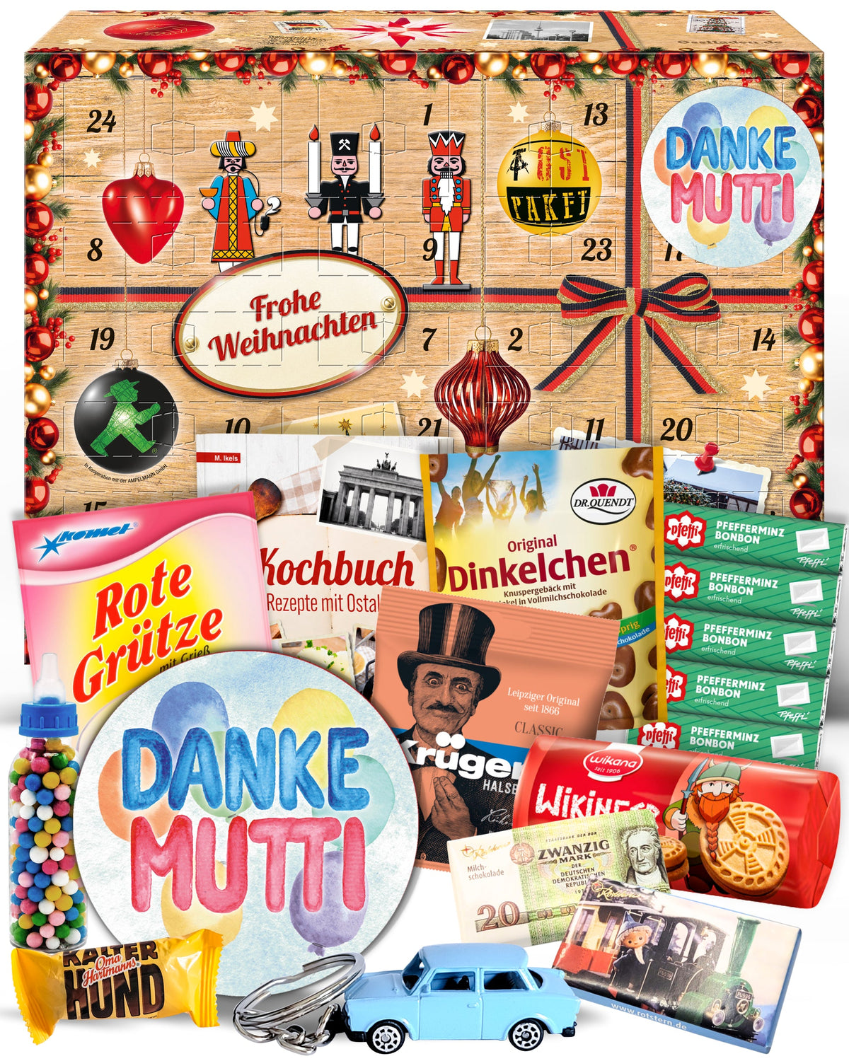 Danke Mutti - Ostalgie Adventskalender 2026 – 24 Erinnerungen & Kultprodukte mit Marken wie Viba, Halloren, Zetti, Komet & Pfeffi