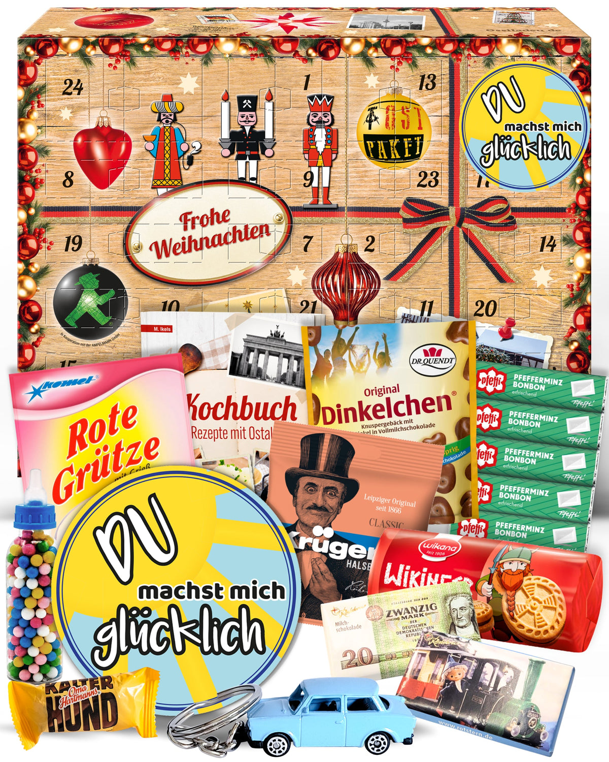 Du machst mich glücklich - Ostalgie Adventskalender 2026 – 24 Erinnerungen & Kultprodukte mit Marken wie Viba, Halloren, Zetti, Komet & Pfeffi