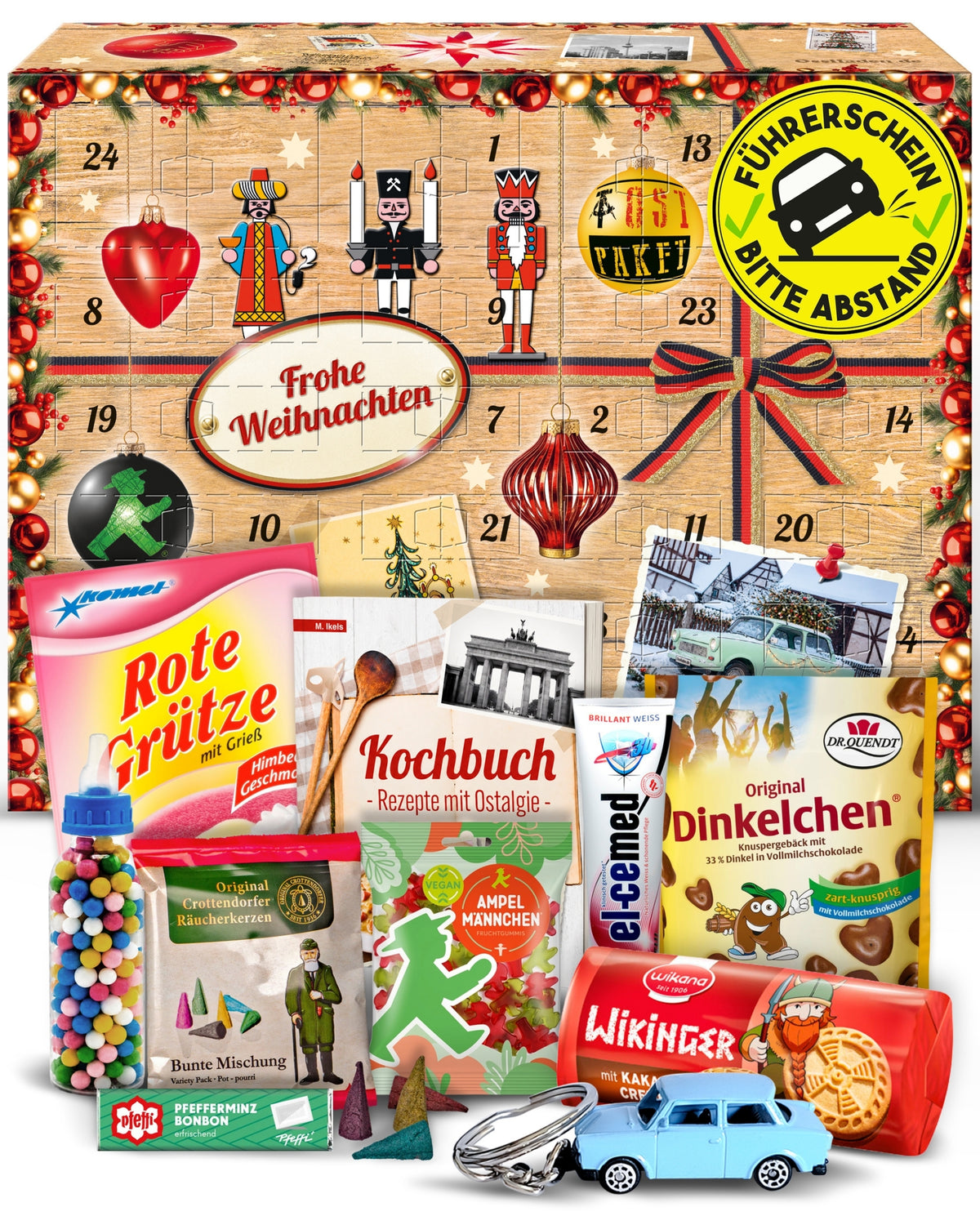 Führerschein bestanden - Bitte Abstand - Ostalgie Adventskalender 2026 – 24 Erinnerungen & Kultprodukte mit Marken wie Viba, Halloren, Zetti, Komet & Pfeffi