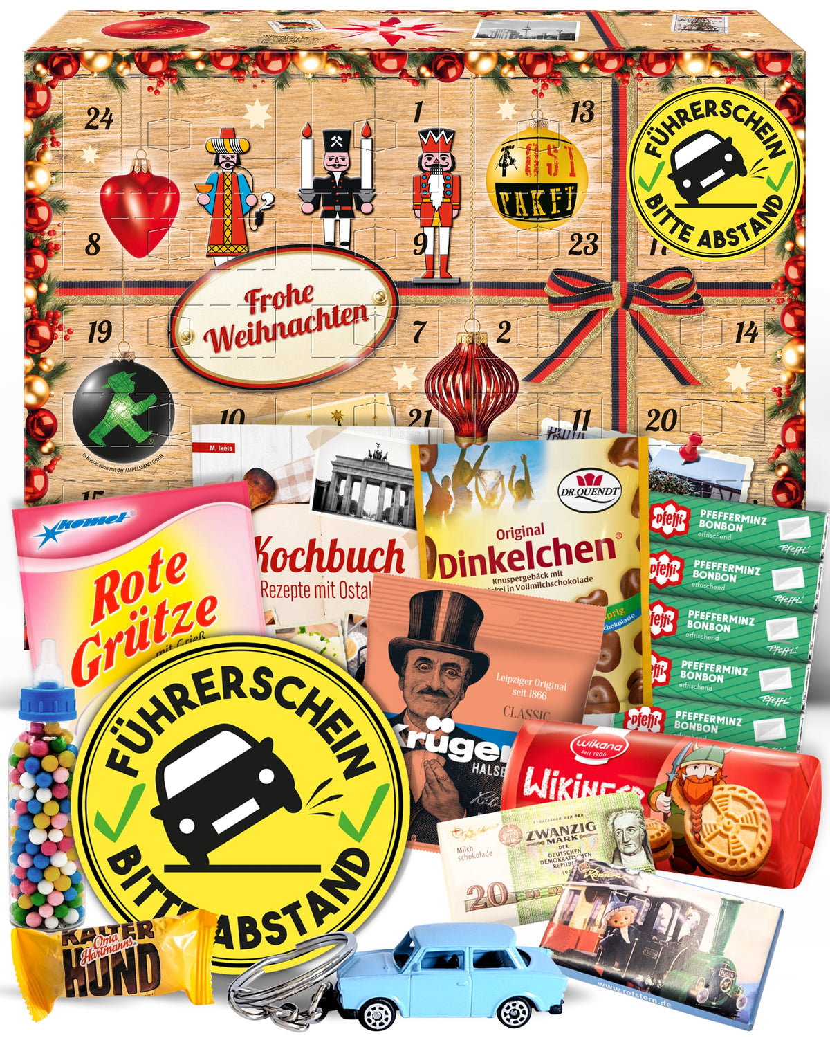 Führerschein bestanden - Bitte Abstand - Ostalgie Adventskalender 2026 – 24 Erinnerungen & Kultprodukte mit Marken wie Viba, Halloren, Zetti, Komet & Pfeffi