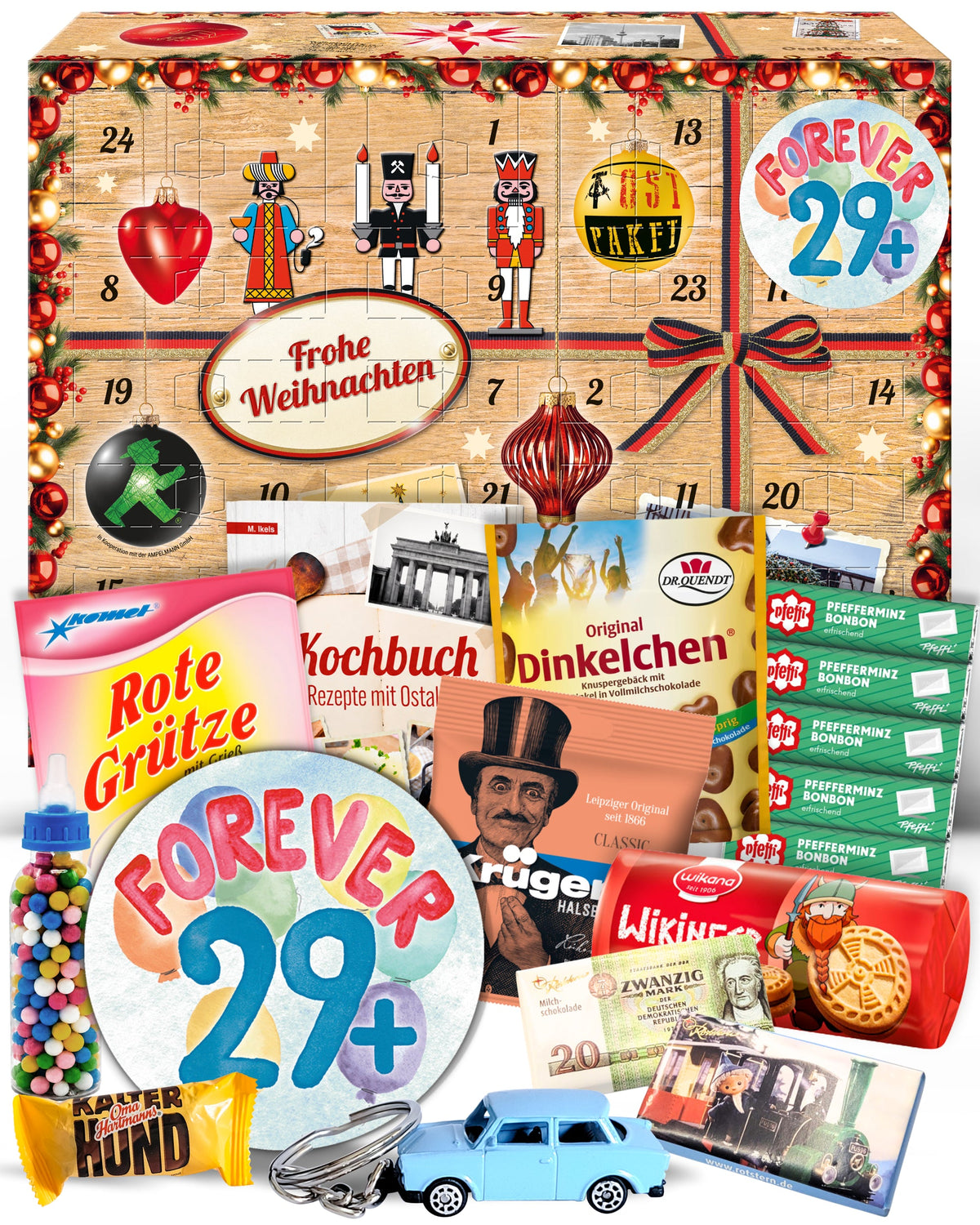 Forever 29+ - Ostalgie Adventskalender 2026 – 24 Erinnerungen & Kultprodukte mit Marken wie Viba, Halloren, Zetti, Komet & Pfeffi