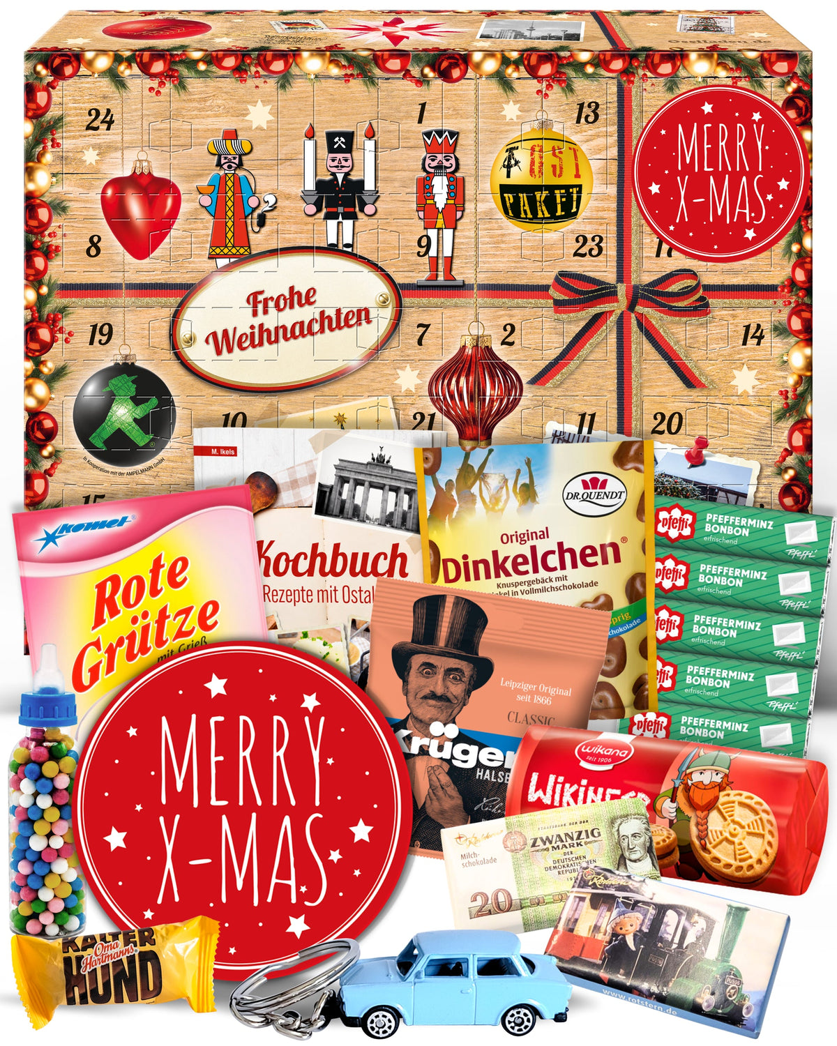 Merry X - Ostalgie Adventskalender 2026 – 24 Erinnerungen & Kultprodukte mit Marken wie Viba, Halloren, Zetti, Komet & Pfeffi