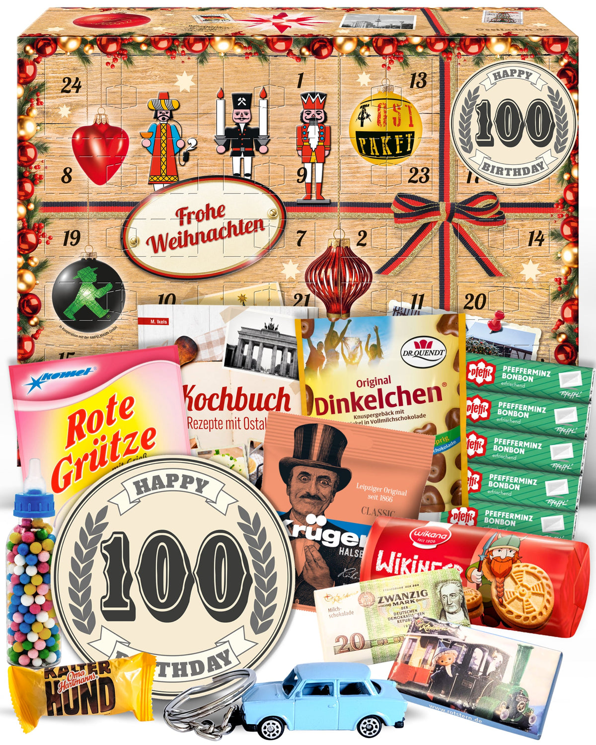 100. Geburtstag - Ostalgie Adventskalender 2026 – 24 Erinnerungen & Kultprodukte mit Marken wie Viba, Halloren, Zetti, Komet & Pfeffi