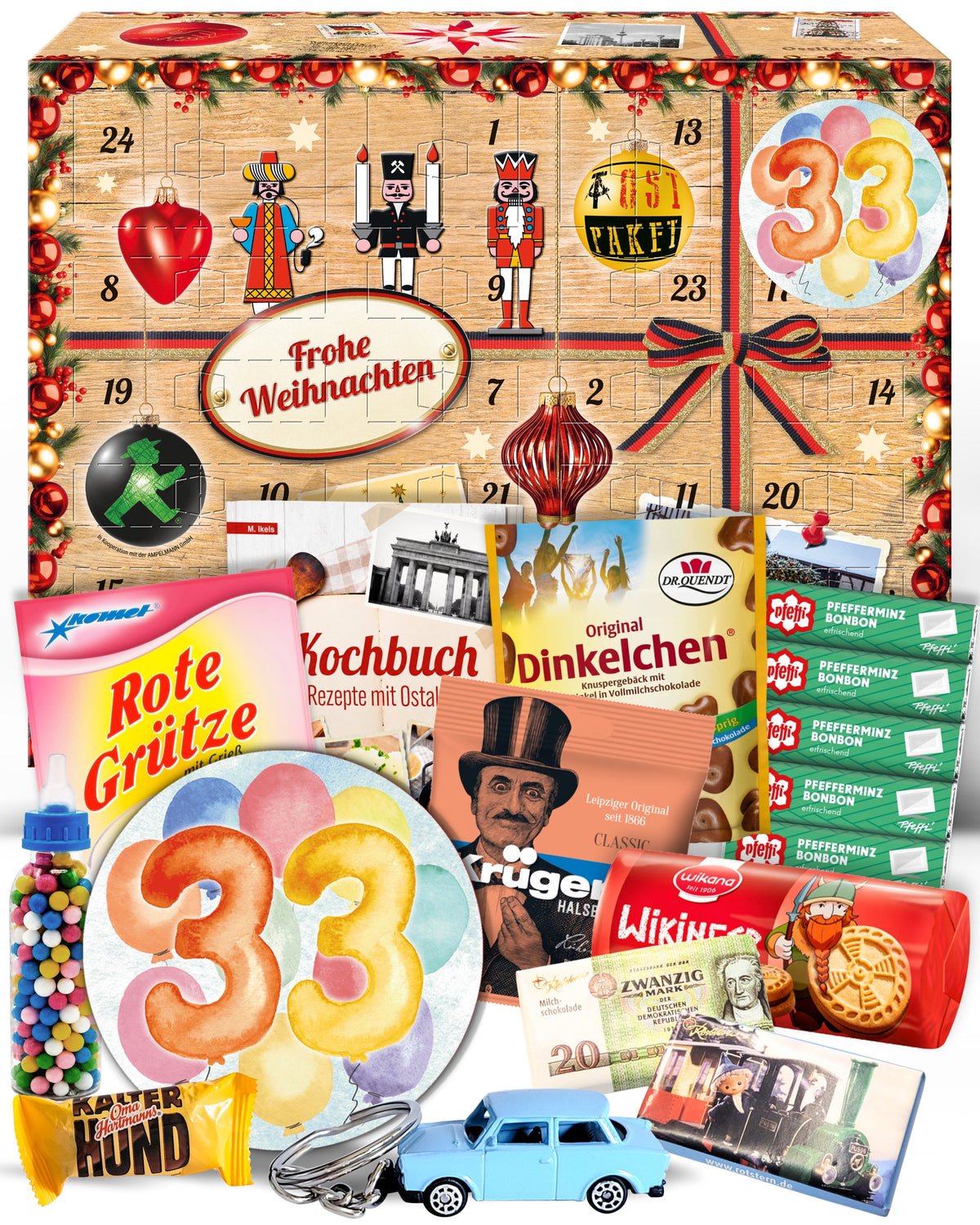 Geburtstag 33 - Adventskalender DDR 2025 mit Kultartikeln von Zetti, Dr. Quendt, Komet & Pfeffi – 24 nostalgische Überraschungen für Ostalgie-Fans