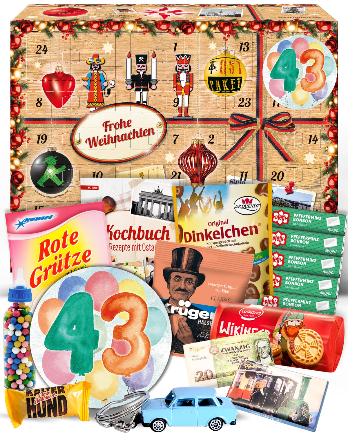 Geburtstag 43 - Adventskalender DDR 2025 mit Kultartikeln von Zetti, Dr. Quendt, Komet & Pfeffi – 24 nostalgische Überraschungen für Ostalgie-Fans