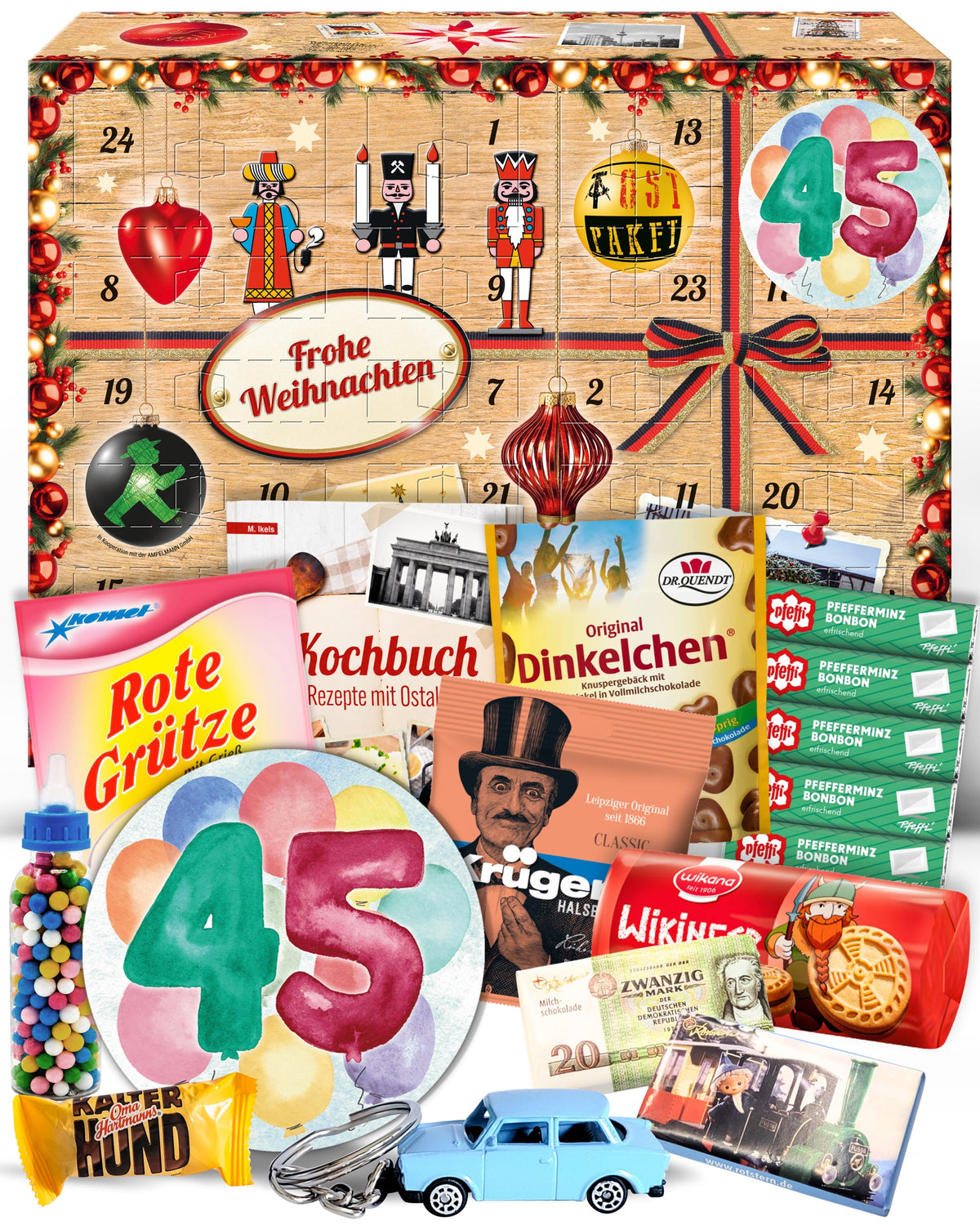 Geburtstag 45 - Adventskalender DDR 2025 mit Kultartikeln von Zetti, Dr. Quendt, Komet & Pfeffi – 24 nostalgische Überraschungen für Ostalgie-Fans