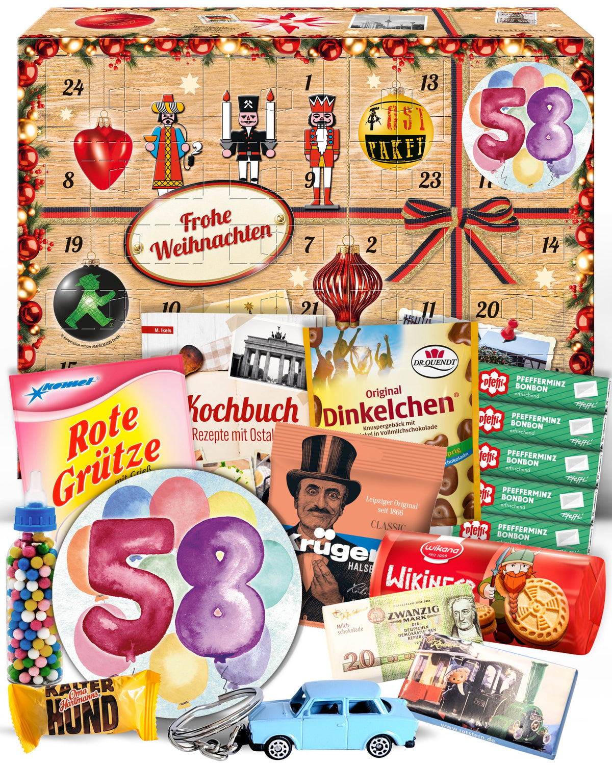 Geburtstag 58 - Adventskalender DDR 2025 mit Kultartikeln von Zetti, Dr. Quendt, Komet & Pfeffi – 24 nostalgische Überraschungen für Ostalgie-Fans