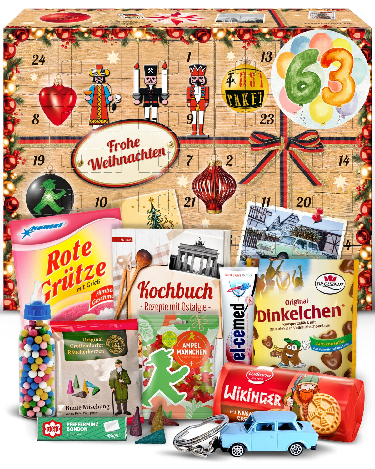 Geburtstag 63 - Adventskalender DDR 2026 mit Kultartikeln von Zetti, Dr. Quendt, Komet & Pfeffi – 24 nostalgische Überraschungen für Ostalgie-Fans