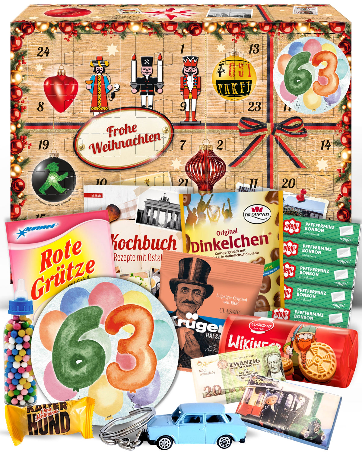 Geburtstag 63 - Adventskalender DDR 2026 mit Kultartikeln von Zetti, Dr. Quendt, Komet & Pfeffi – 24 nostalgische Überraschungen für Ostalgie-Fans