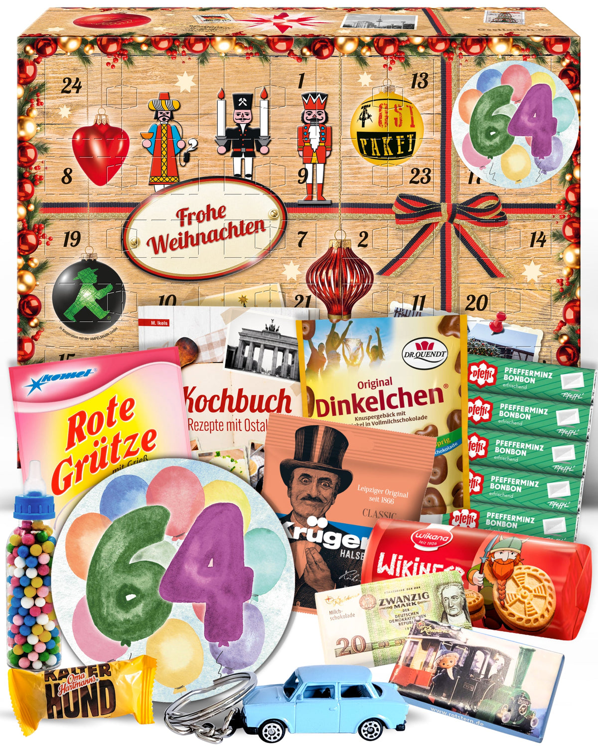 Geburtstag 64 - Adventskalender DDR 2025 mit Kultartikeln von Zetti, Dr. Quendt, Komet & Pfeffi – 24 nostalgische Überraschungen für Ostalgie-Fans
