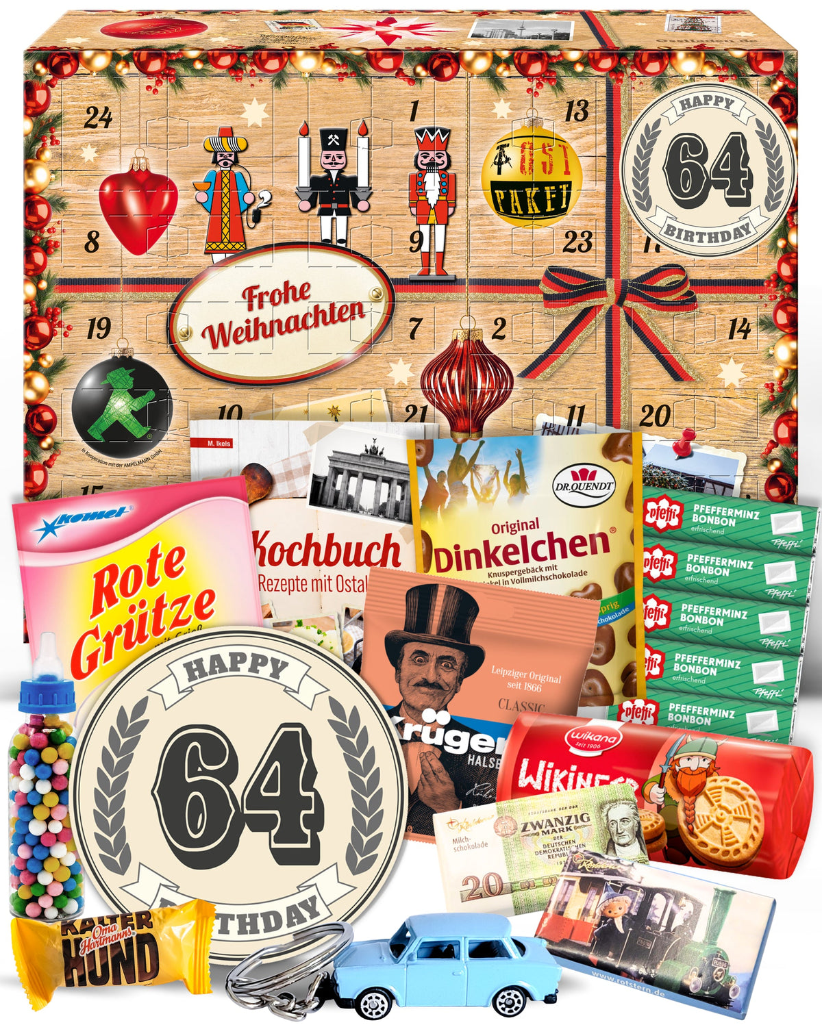 64. Geburtstag - Ostalgie Adventskalender 2026 – 24 Erinnerungen & Kultprodukte mit Marken wie Viba, Halloren, Zetti, Komet & Pfeffi