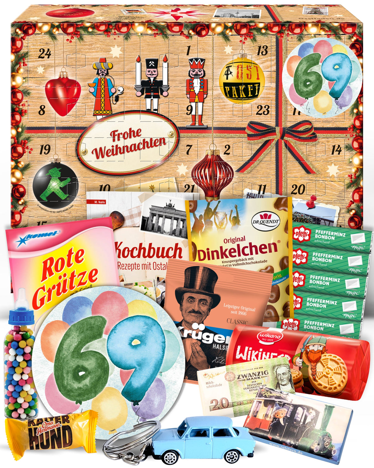 Geburtstag 69 - Adventskalender DDR 2025 mit Kultartikeln von Zetti, Dr. Quendt, Komet & Pfeffi – 24 nostalgische Überraschungen für Ostalgie-Fans
