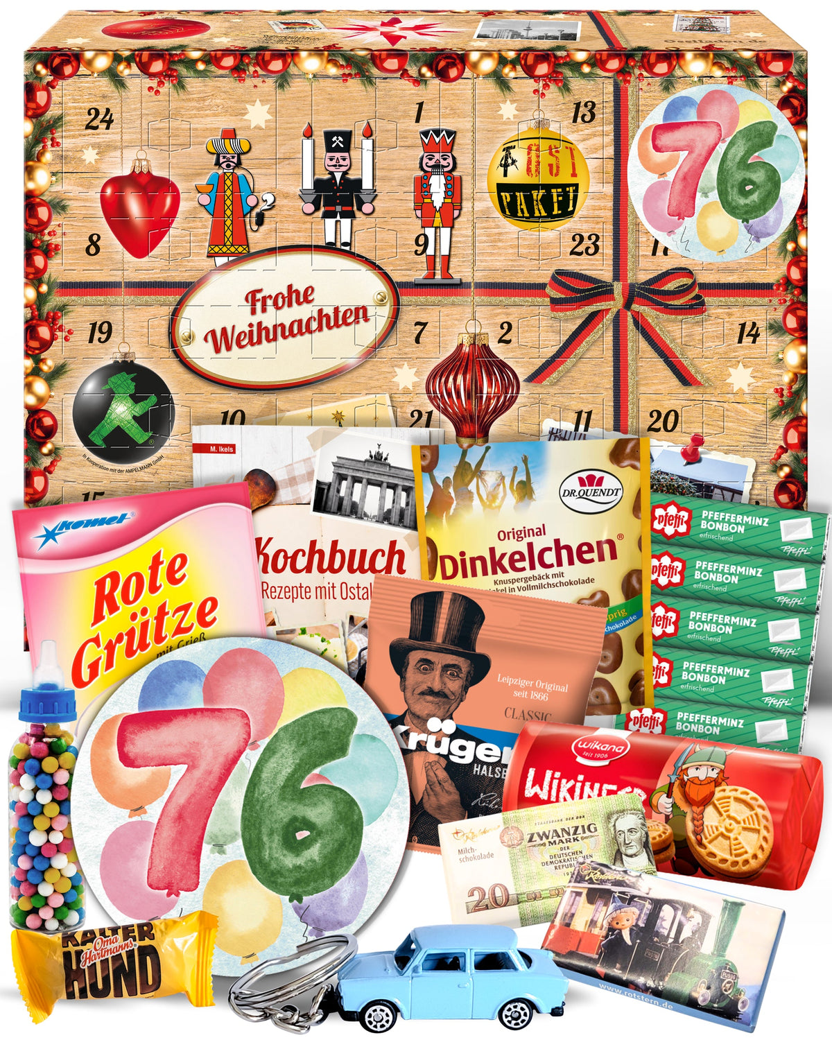 Geburtstag 76 - Adventskalender DDR 2025 mit Kultartikeln von Zetti, Dr. Quendt, Komet & Pfeffi – 24 nostalgische Überraschungen für Ostalgie-Fans