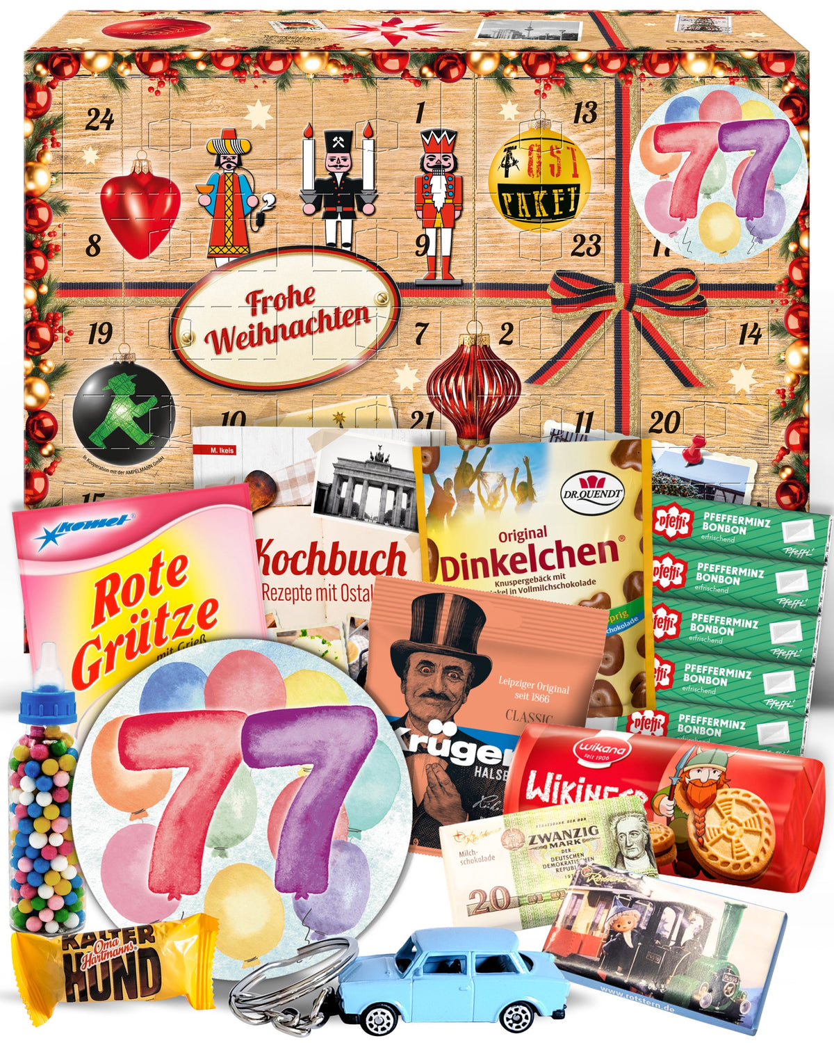 Geburtstag 77 - Adventskalender DDR 2025 mit Kultartikeln von Zetti, Dr. Quendt, Komet & Pfeffi – 24 nostalgische Überraschungen für Ostalgie-Fans