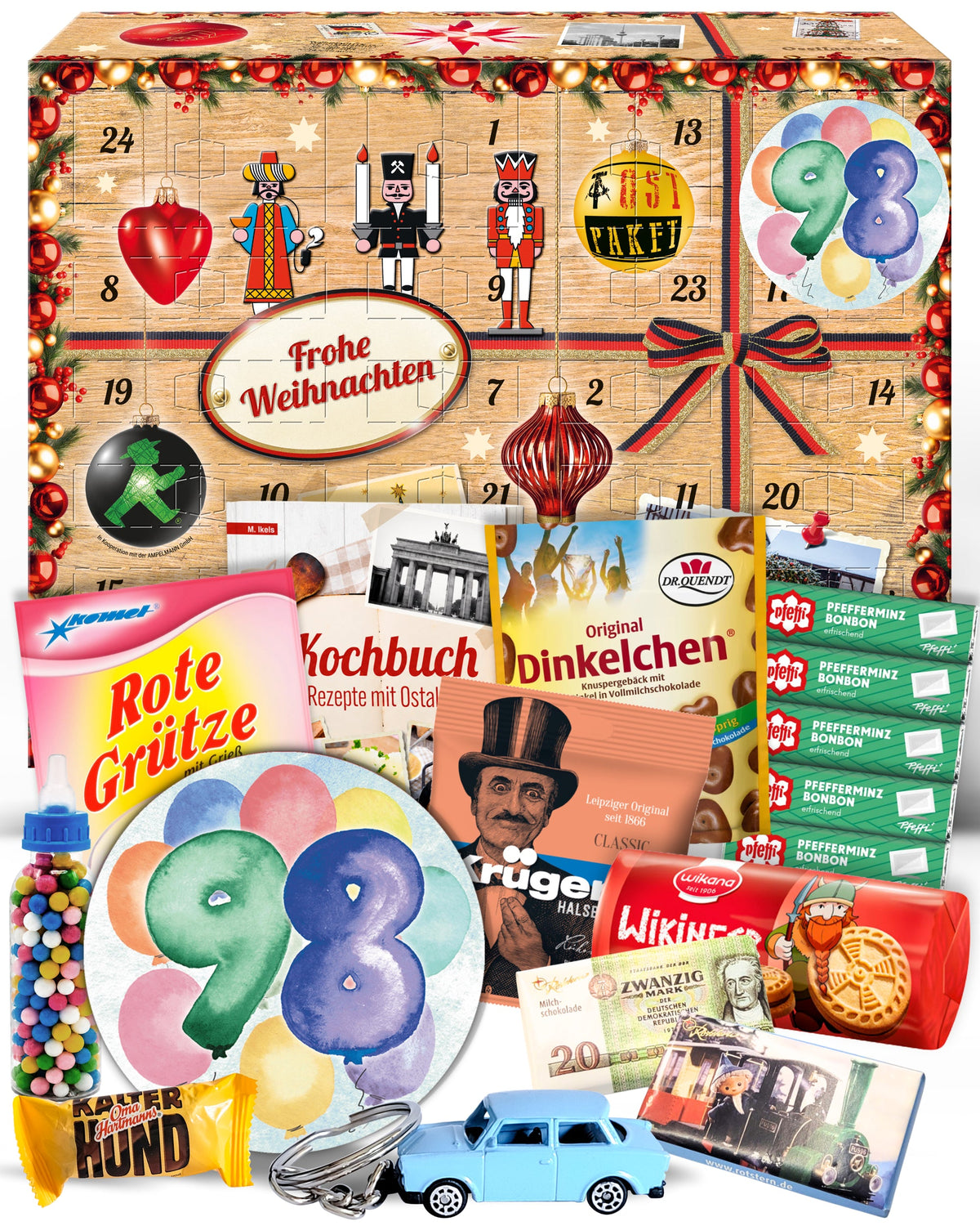 Geburtstag 98 - Adventskalender DDR 2025 mit Kultartikeln von Zetti, Dr. Quendt, Komet & Pfeffi – 24 nostalgische Überraschungen für Ostalgie-Fans