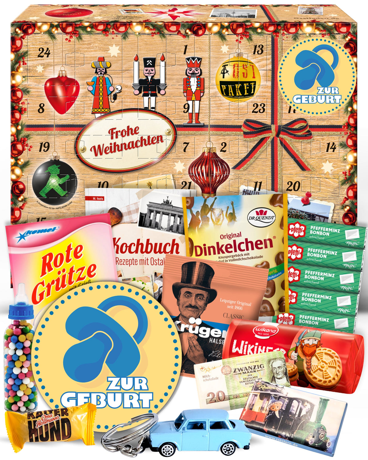 Zur Geburt blau - Ostalgie Adventskalender 2026 – 24 Erinnerungen & Kultprodukte mit Marken wie Viba, Halloren, Zetti, Komet & Pfeffi