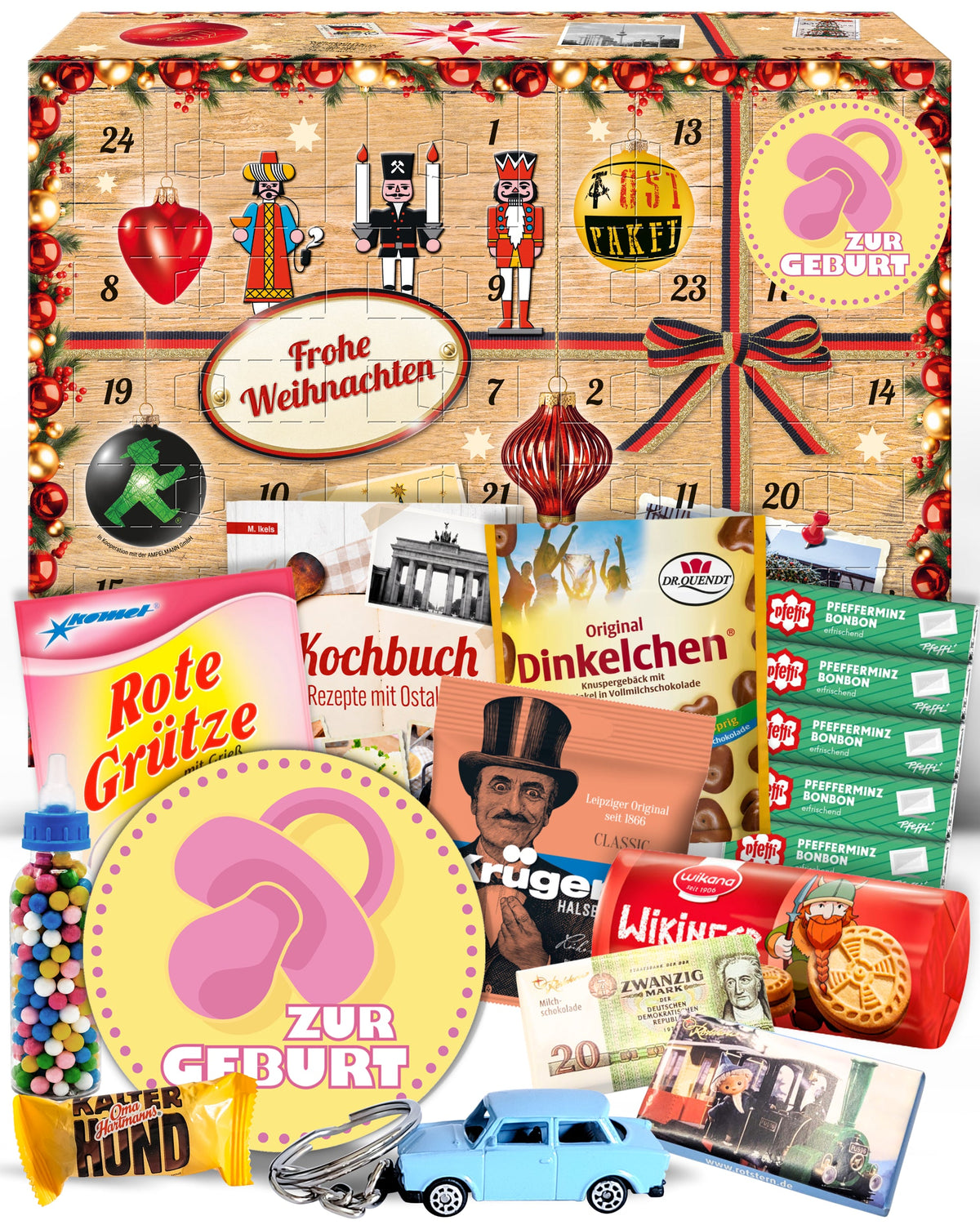 Zur Geburt rosa - Ostalgie Adventskalender 2026 – 24 Erinnerungen & Kultprodukte mit Marken wie Viba, Halloren, Zetti, Komet & Pfeffi