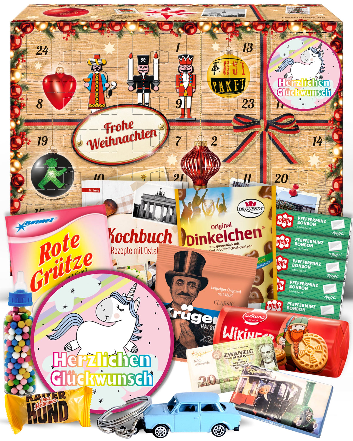 Herzlichen Glückwunsch Einhorn - Ostalgie Adventskalender 2026 – 24 Erinnerungen & Kultprodukte mit Marken wie Viba, Halloren, Zetti, Komet & Pfeffi