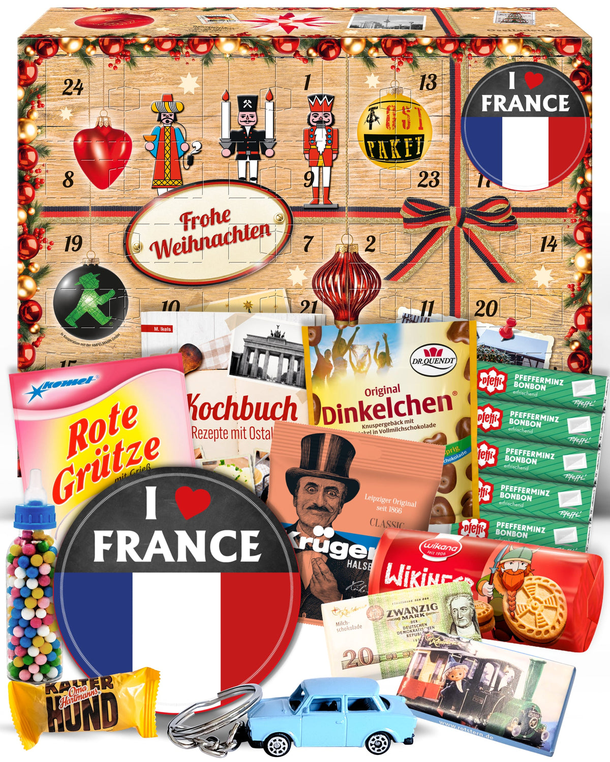 I Love France - Ostalgie Adventskalender 2026 – 24 Erinnerungen & Kultprodukte mit Marken wie Viba, Halloren, Zetti, Komet & Pfeffi