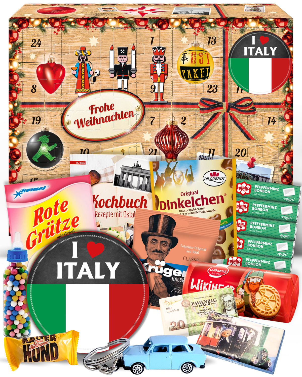 I Love Italy - Ostalgie Adventskalender 2026 – 24 Erinnerungen & Kultprodukte mit Marken wie Viba, Halloren, Zetti, Komet & Pfeffi