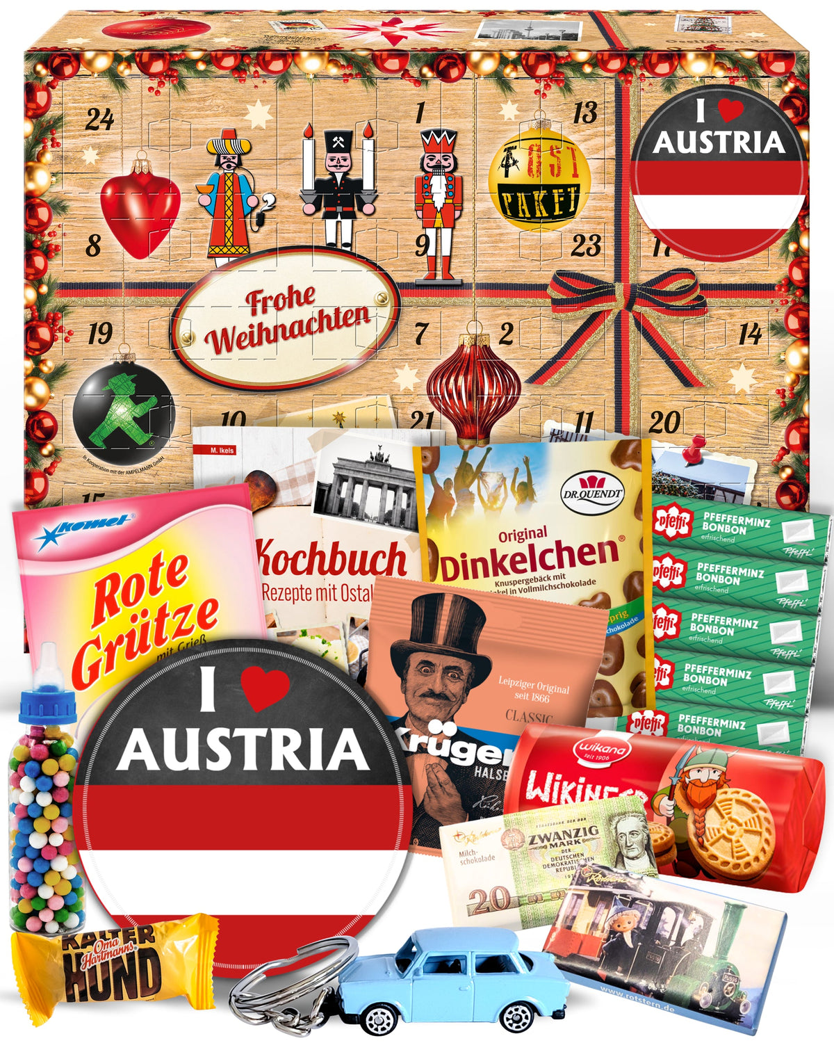 I Love Austria - Ostalgie Adventskalender 2026 – 24 Erinnerungen & Kultprodukte mit Marken wie Viba, Halloren, Zetti, Komet & Pfeffi