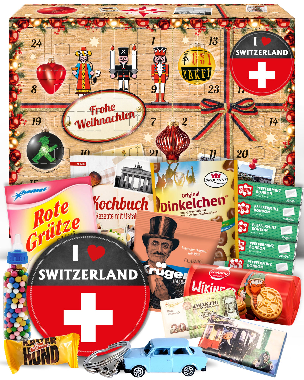 I Love Switzerland - Ostalgie Adventskalender 2026 – 24 Erinnerungen & Kultprodukte mit Marken wie Viba, Halloren, Zetti, Komet & Pfeffi