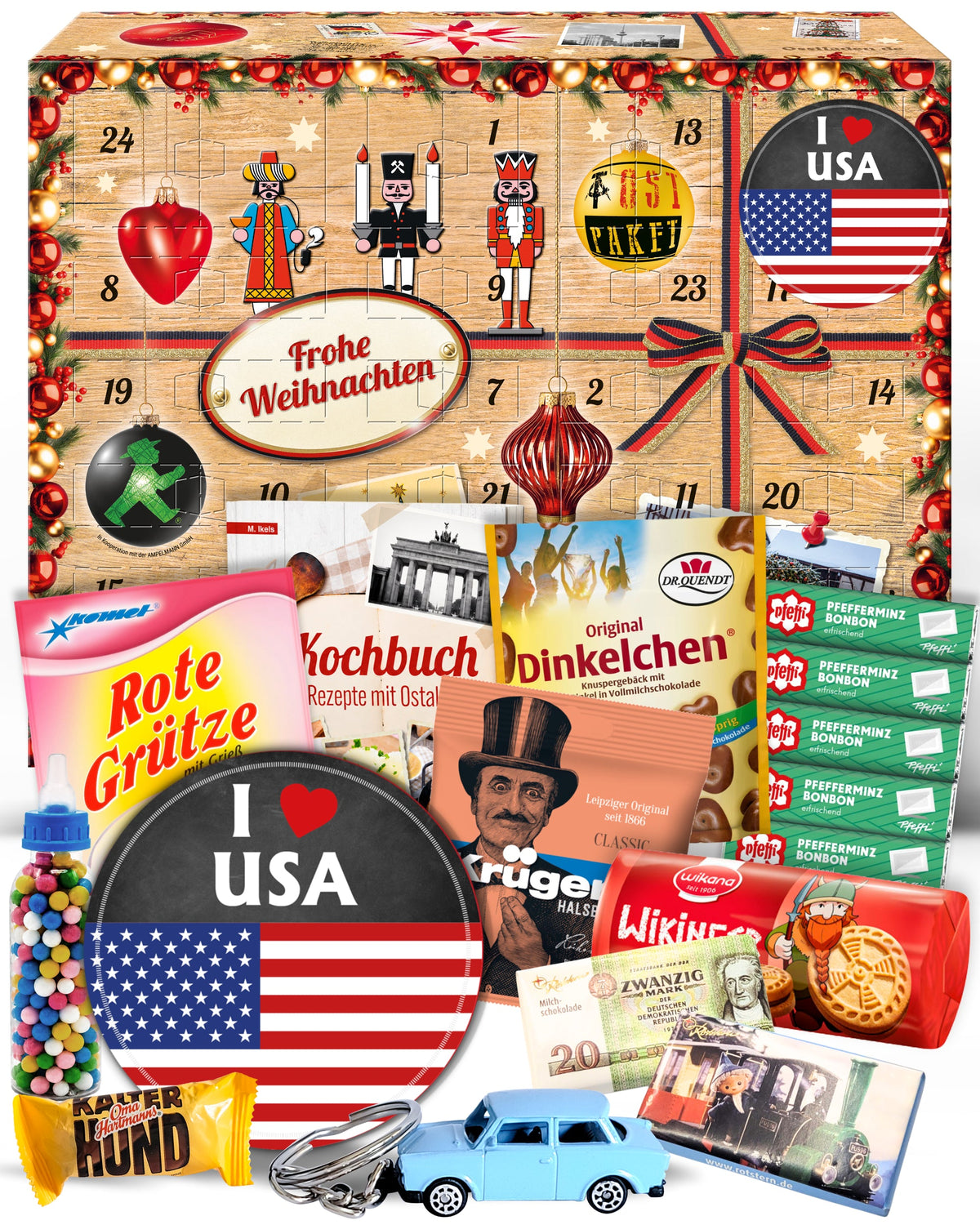I Love USA - Ostalgie Adventskalender 2026 – 24 Erinnerungen & Kultprodukte mit Marken wie Viba, Halloren, Zetti, Komet & Pfeffi