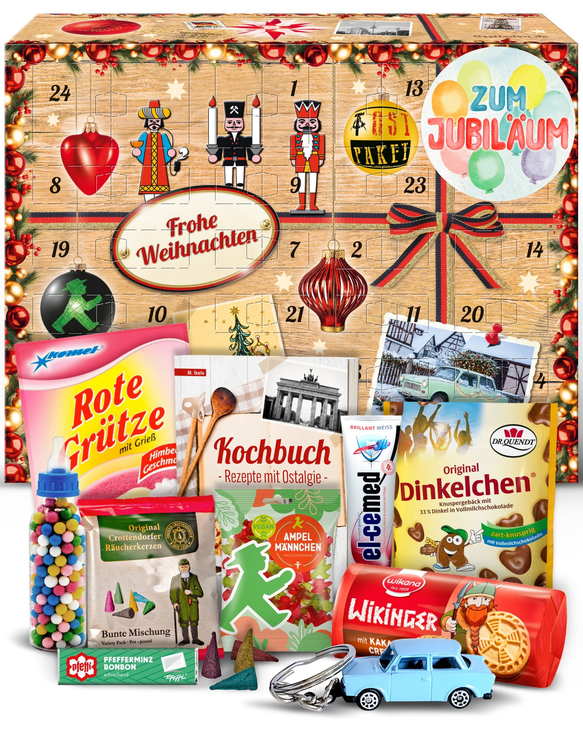 Zum Jubiläum - Ostalgie Adventskalender 2026 – 24 Erinnerungen & Kultprodukte mit Marken wie Viba, Halloren, Zetti, Komet & Pfeffi