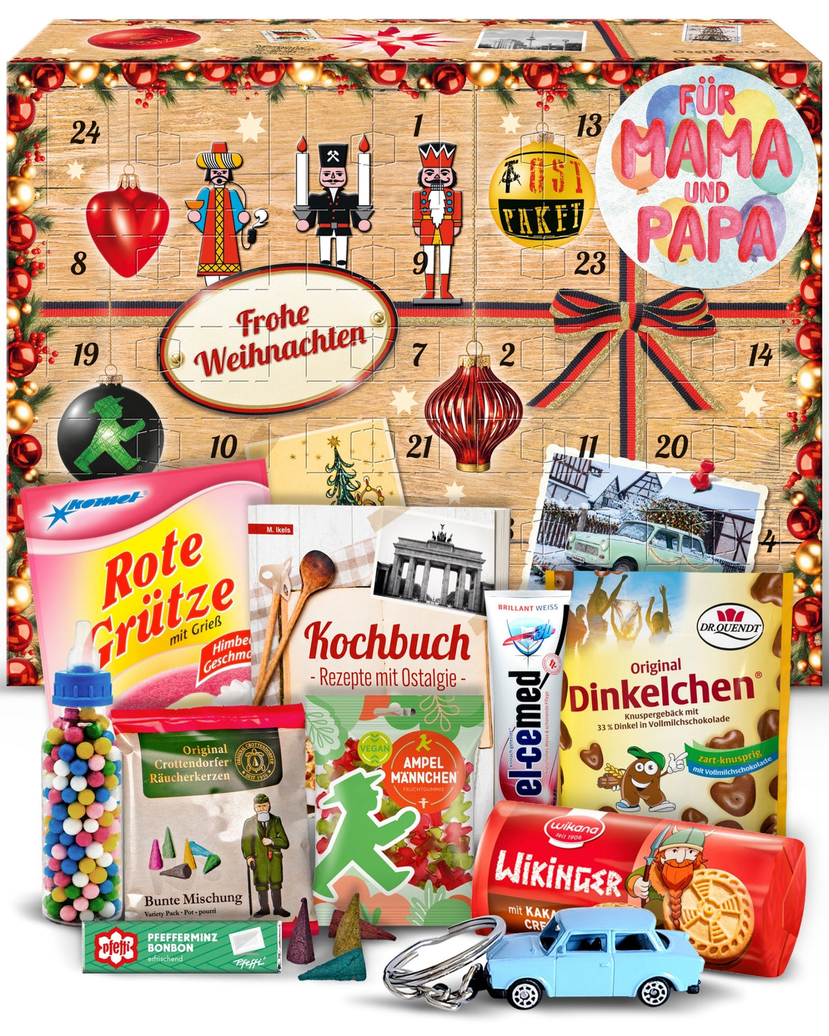 Für Mama und Papa - Ostalgie Adventskalender 2026 – 24 Erinnerungen & Kultprodukte mit Marken wie Viba, Halloren, Zetti, Komet & Pfeffi