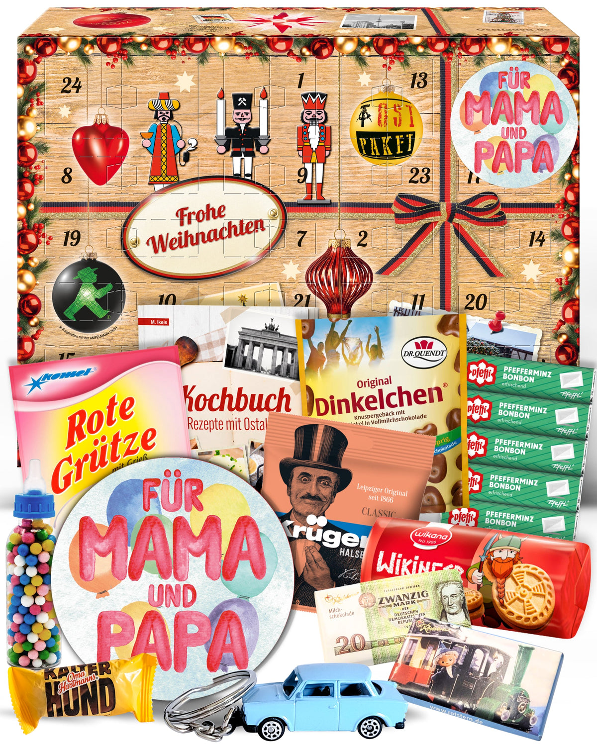 Für Mama und Papa - Ostalgie Adventskalender 2026 – 24 Erinnerungen & Kultprodukte mit Marken wie Viba, Halloren, Zetti, Komet & Pfeffi