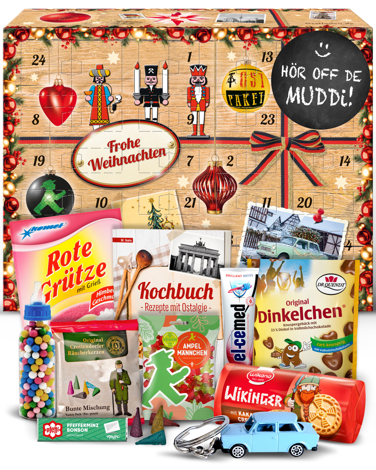 Hör off de Muddi - Ostalgie Adventskalender 2026 – 24 Erinnerungen & Kultprodukte mit Marken wie Viba, Halloren, Zetti, Komet & Pfeffi