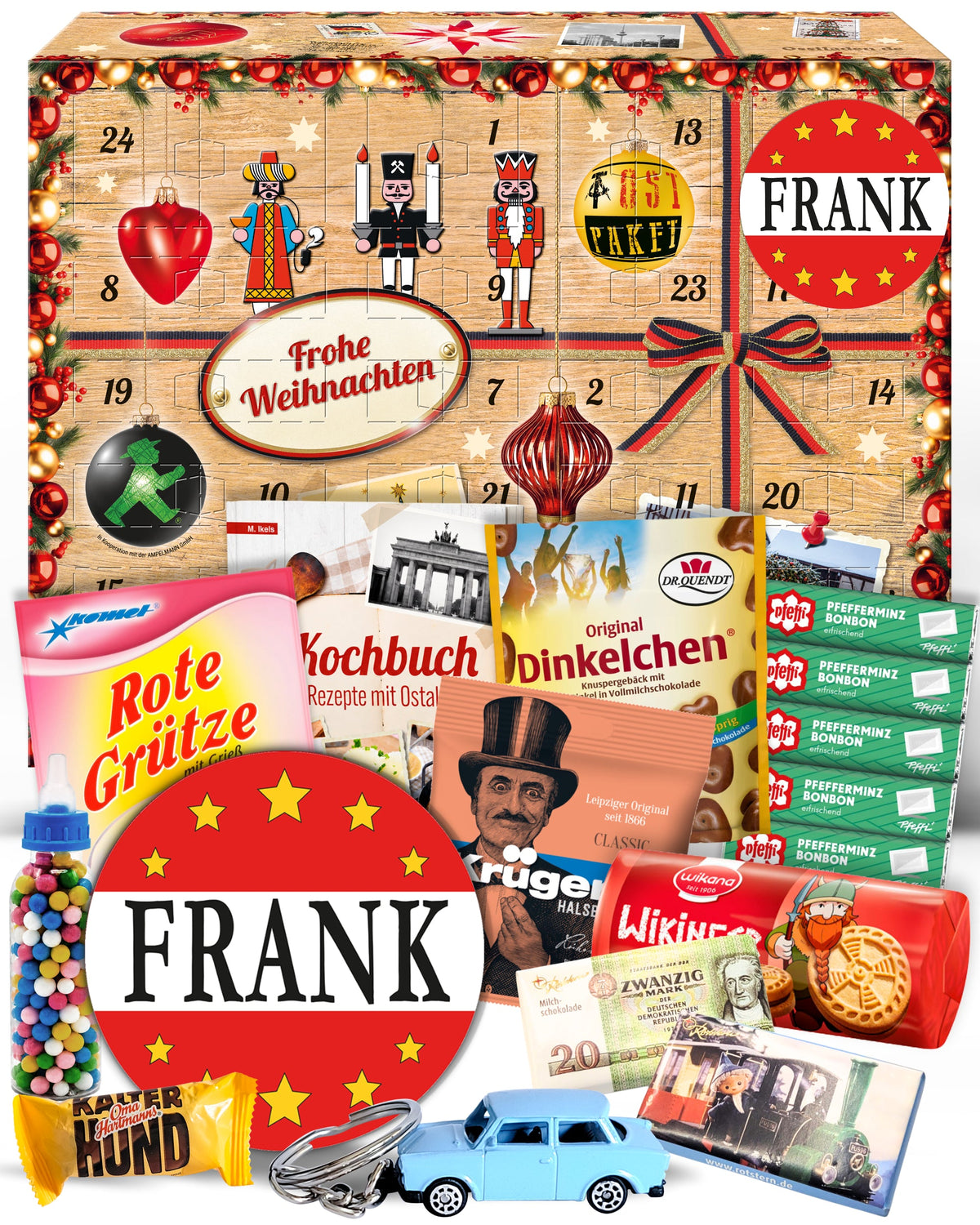 Frank - Ostalgie Adventskalender 2026 – 24 Erinnerungen & Kultprodukte mit Marken wie Viba, Halloren, Zetti, Komet & Pfeffi