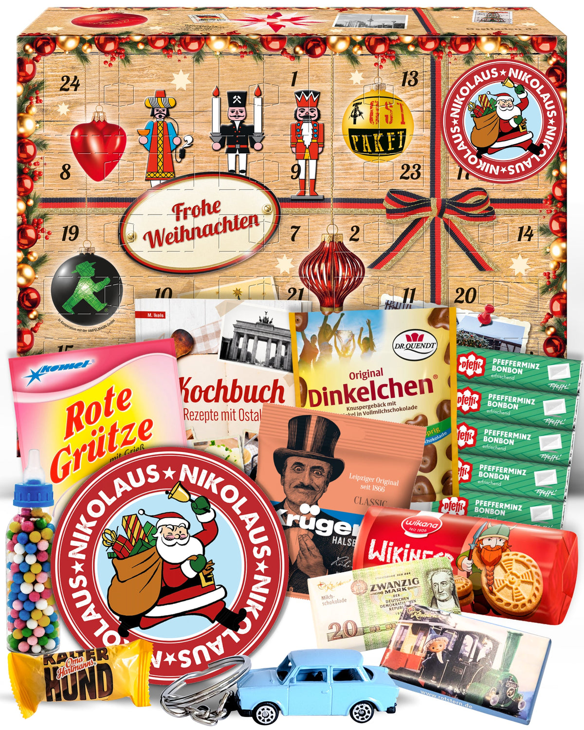 Nikolaus - Ostalgie Adventskalender 2026 – 24 Erinnerungen & Kultprodukte mit Marken wie Viba, Halloren, Zetti, Komet & Pfeffi