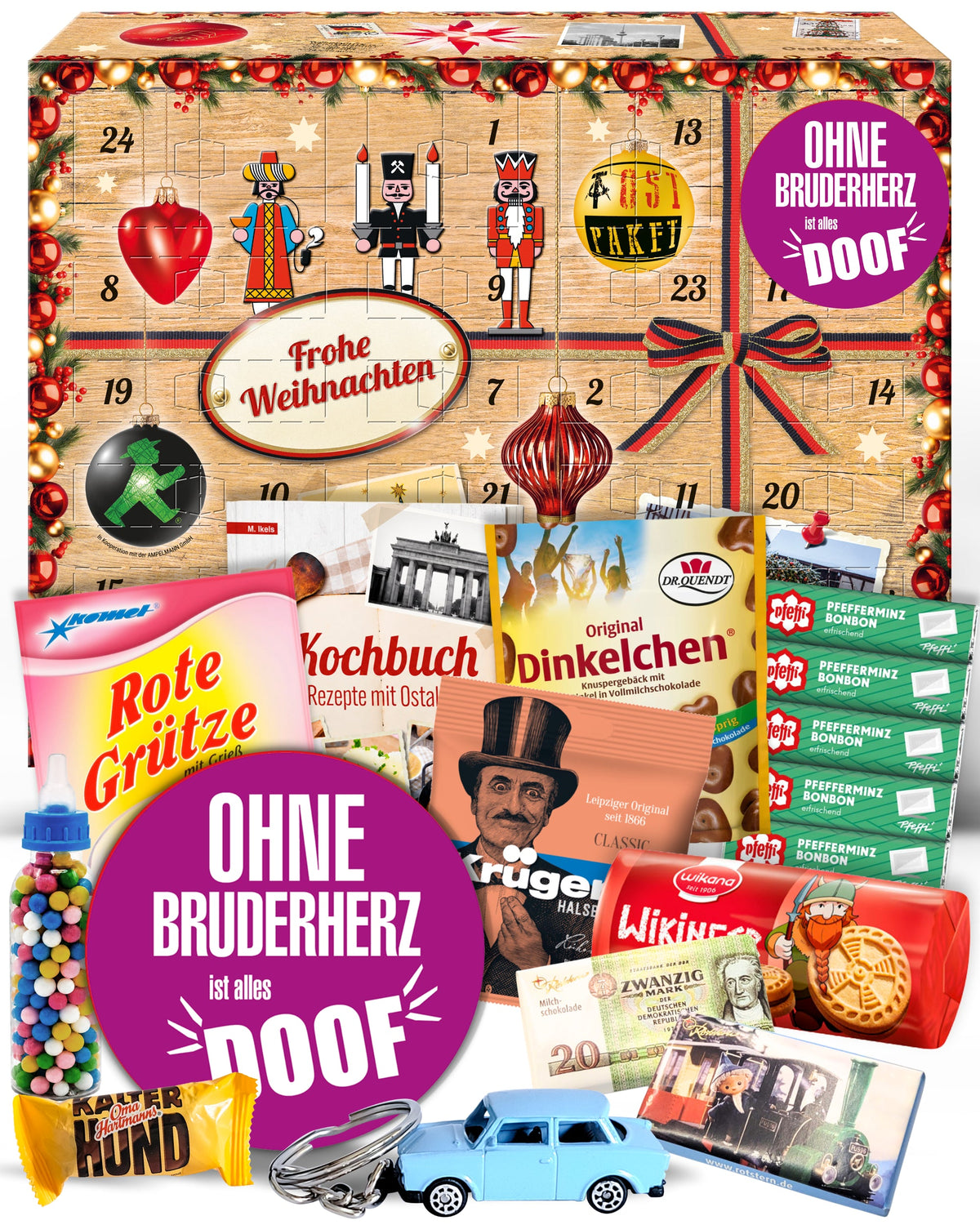 Ohne Bruderherz - Ostalgie Adventskalender 2026 – 24 Erinnerungen & Kultprodukte mit Marken wie Viba, Halloren, Zetti, Komet & Pfeffi