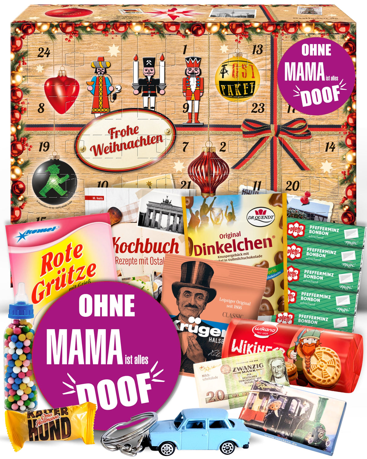 Ohne Mama ist alles doof - Ostalgie Adventskalender 2026 – 24 Erinnerungen & Kultprodukte mit Marken wie Viba, Halloren, Zetti, Komet & Pfeffi