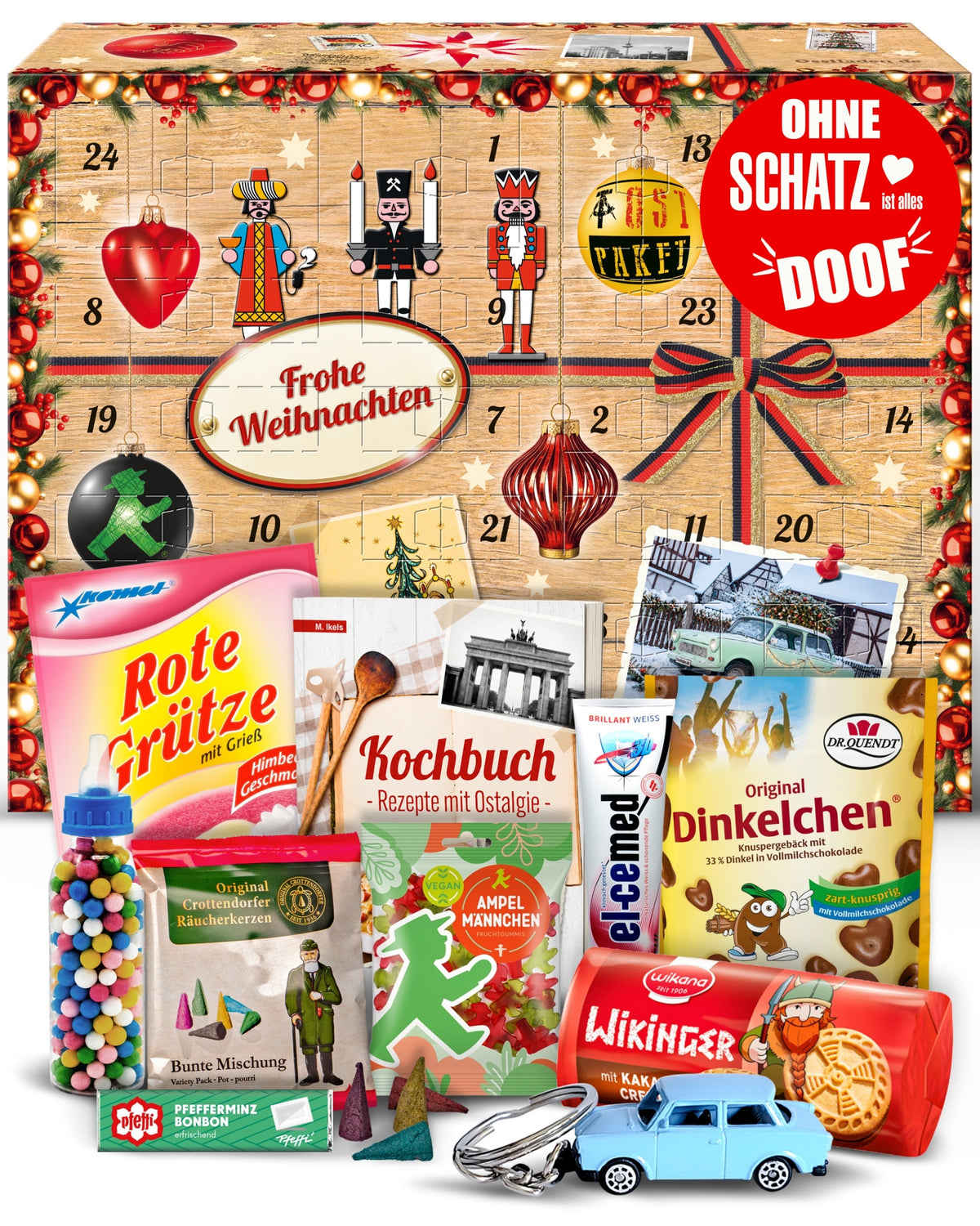 Ohne Schatz ist alles doof - Ostalgie Adventskalender 2026 – 24 Erinnerungen & Kultprodukte mit Marken wie Viba, Halloren, Zetti, Komet & Pfeffi
