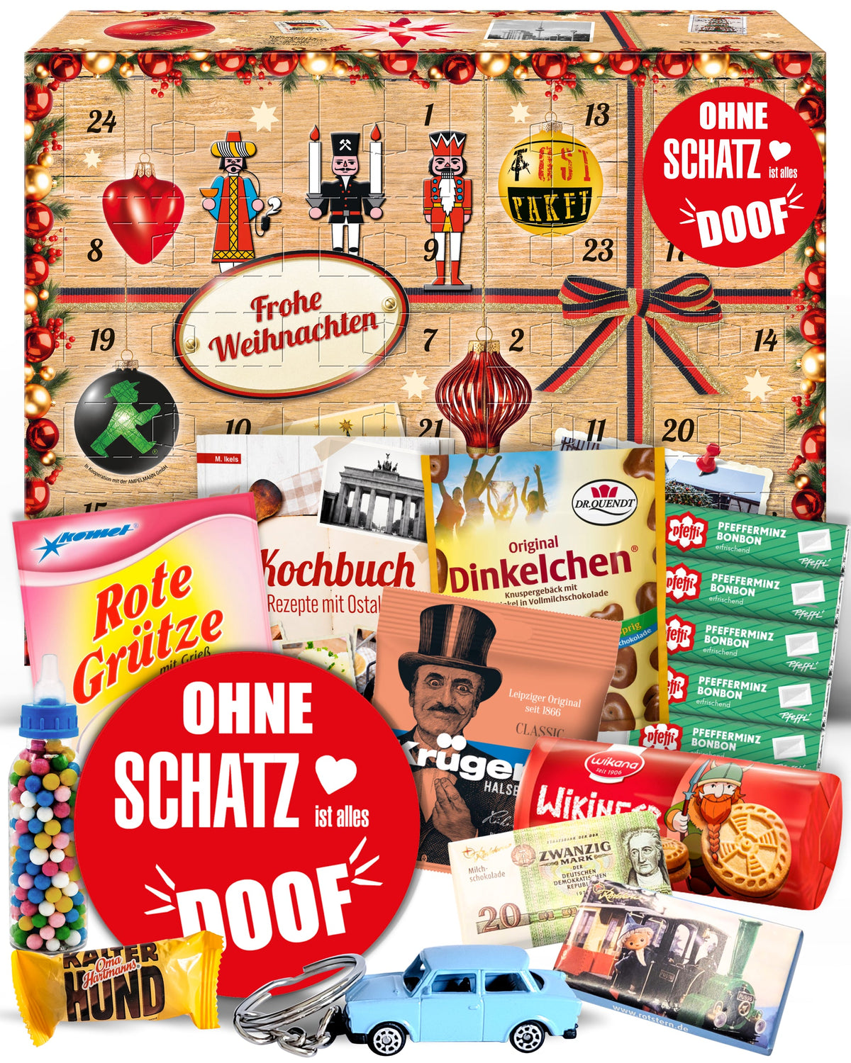 Ohne Schatz ist alles doof - Ostalgie Adventskalender 2026 – 24 Erinnerungen & Kultprodukte mit Marken wie Viba, Halloren, Zetti, Komet & Pfeffi