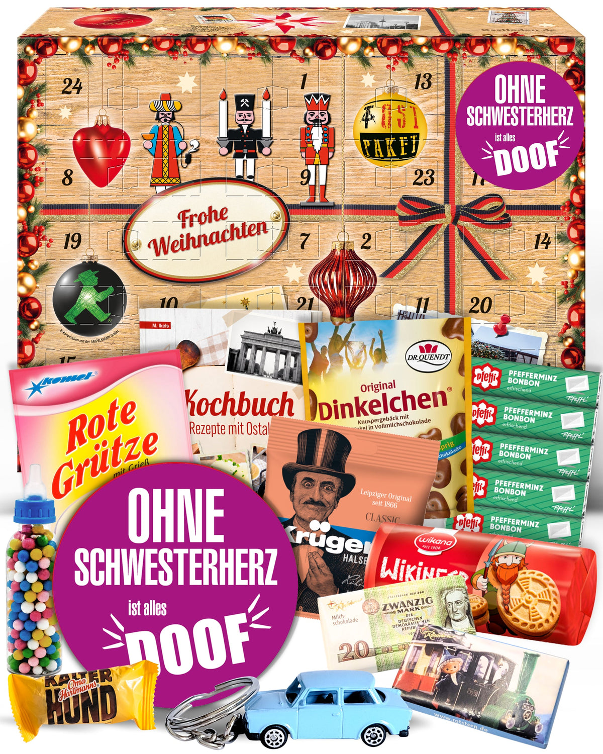 Ohne Schwesterherz - Ostalgie Adventskalender 2026 – 24 Erinnerungen & Kultprodukte mit Marken wie Viba, Halloren, Zetti, Komet & Pfeffi