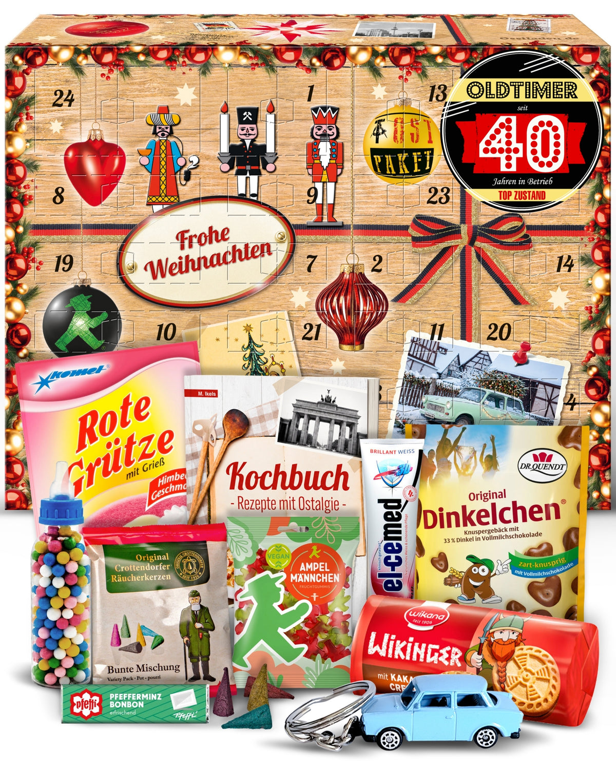 Oldtimer - seit 40 Jahren in Betrieb - Adventskalender 2025 mit Kultartikeln von Zetti, Dr. Quendt, Komet & Pfeffi – 24 nostalgische Überraschungen für Ostalgie-Fans