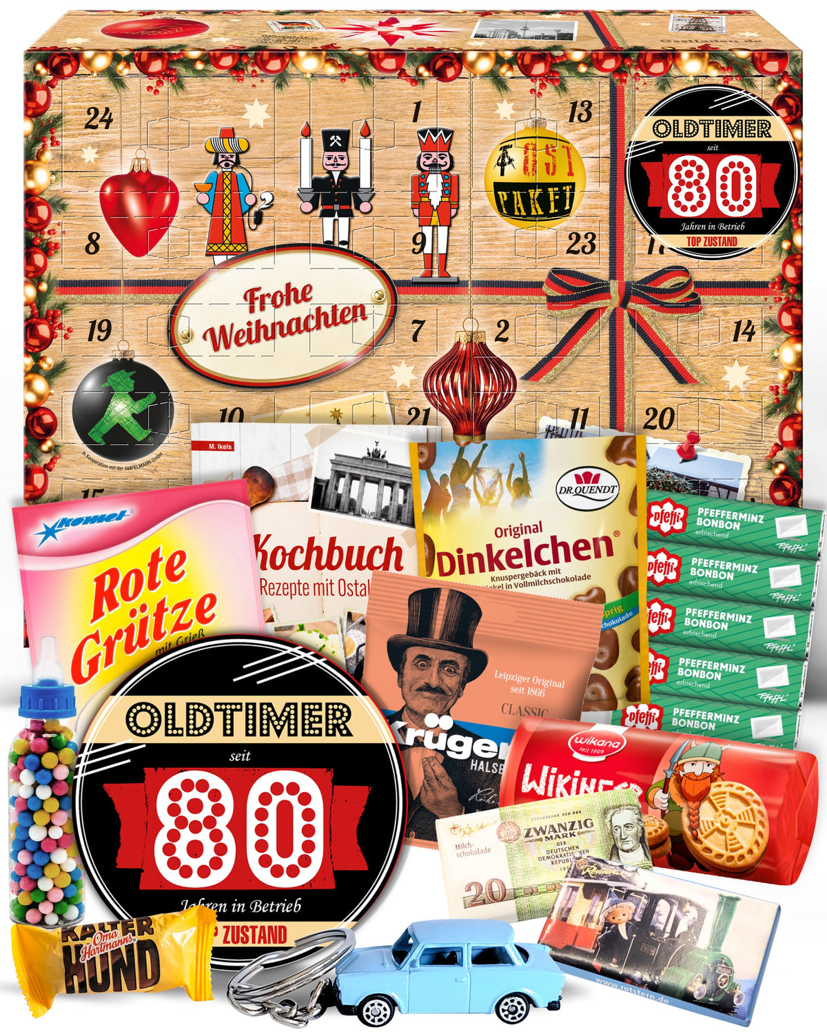 Oldtimer - seit 80 Jahren in Betrieb - Ostalgie Adventskalender 2026 – 24 Erinnerungen & Kultprodukte mit Marken wie Viba, Halloren, Zetti, Komet & Pfeffi