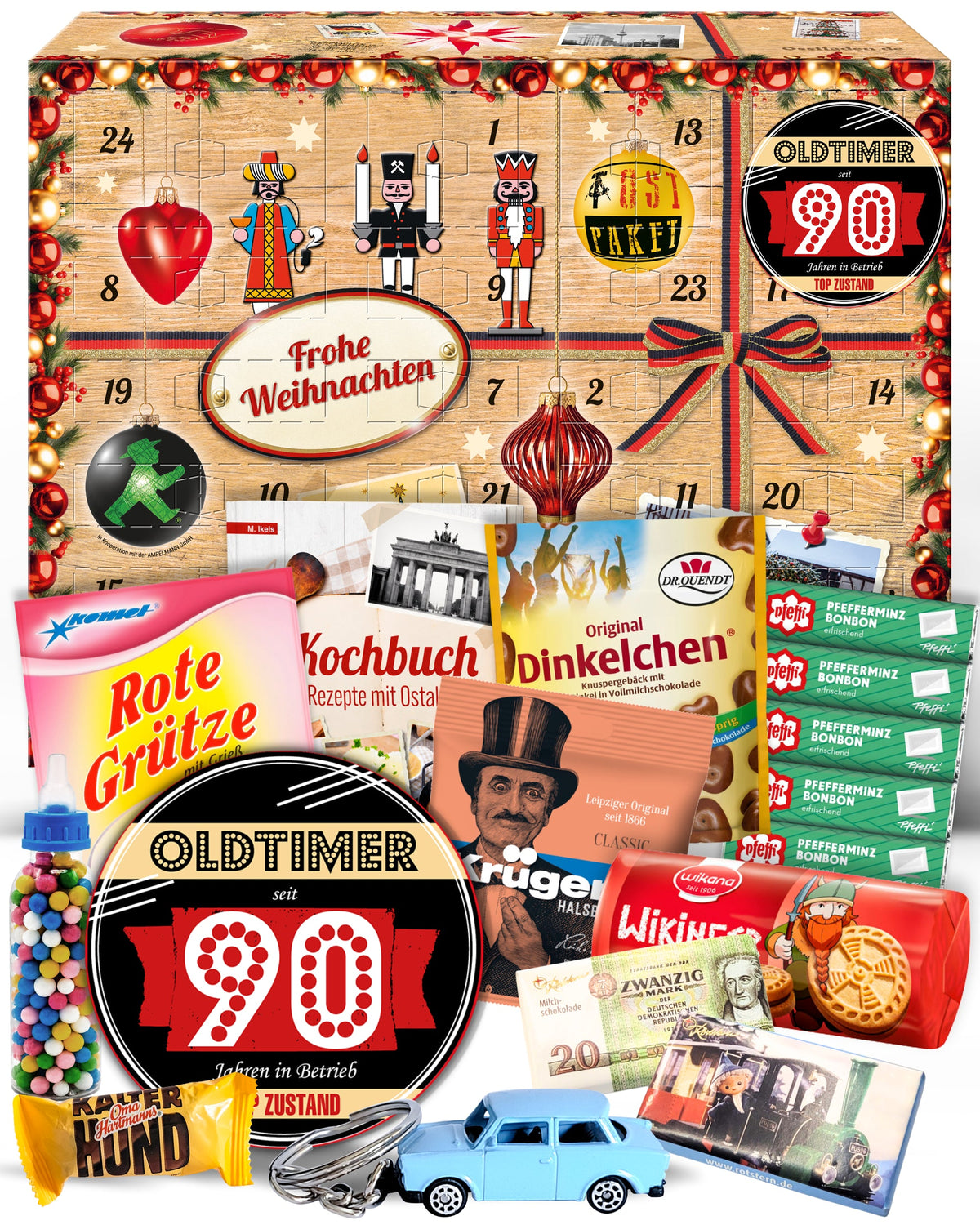 Oldtimer - seit 90 Jahren in Betrieb - Ostalgie Adventskalender 2026 – 24 Erinnerungen & Kultprodukte mit Marken wie Viba, Halloren, Zetti, Komet & Pfeffi