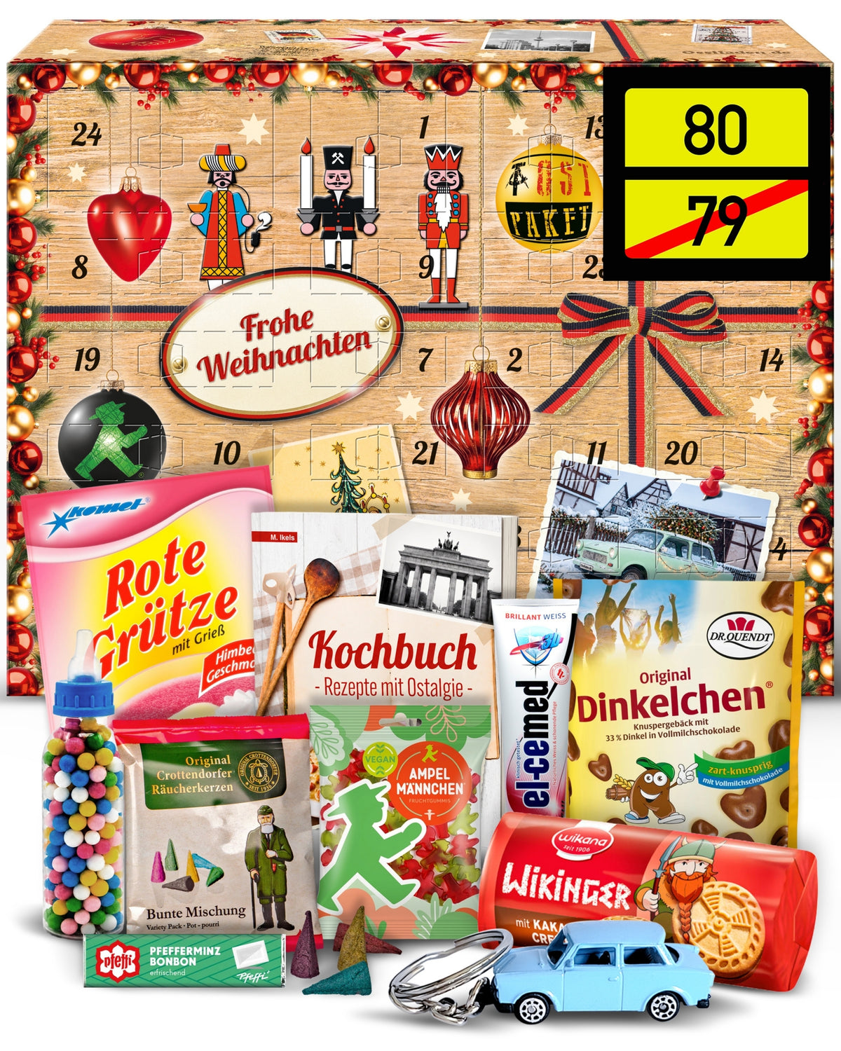 Ortsschild 80 - DDR Adventskalender 2025 mit Kultartikeln von Zetti, Dr. Quendt, Komet & Pfeffi – 24 nostalgische Überraschungen für Ostalgie-Fans