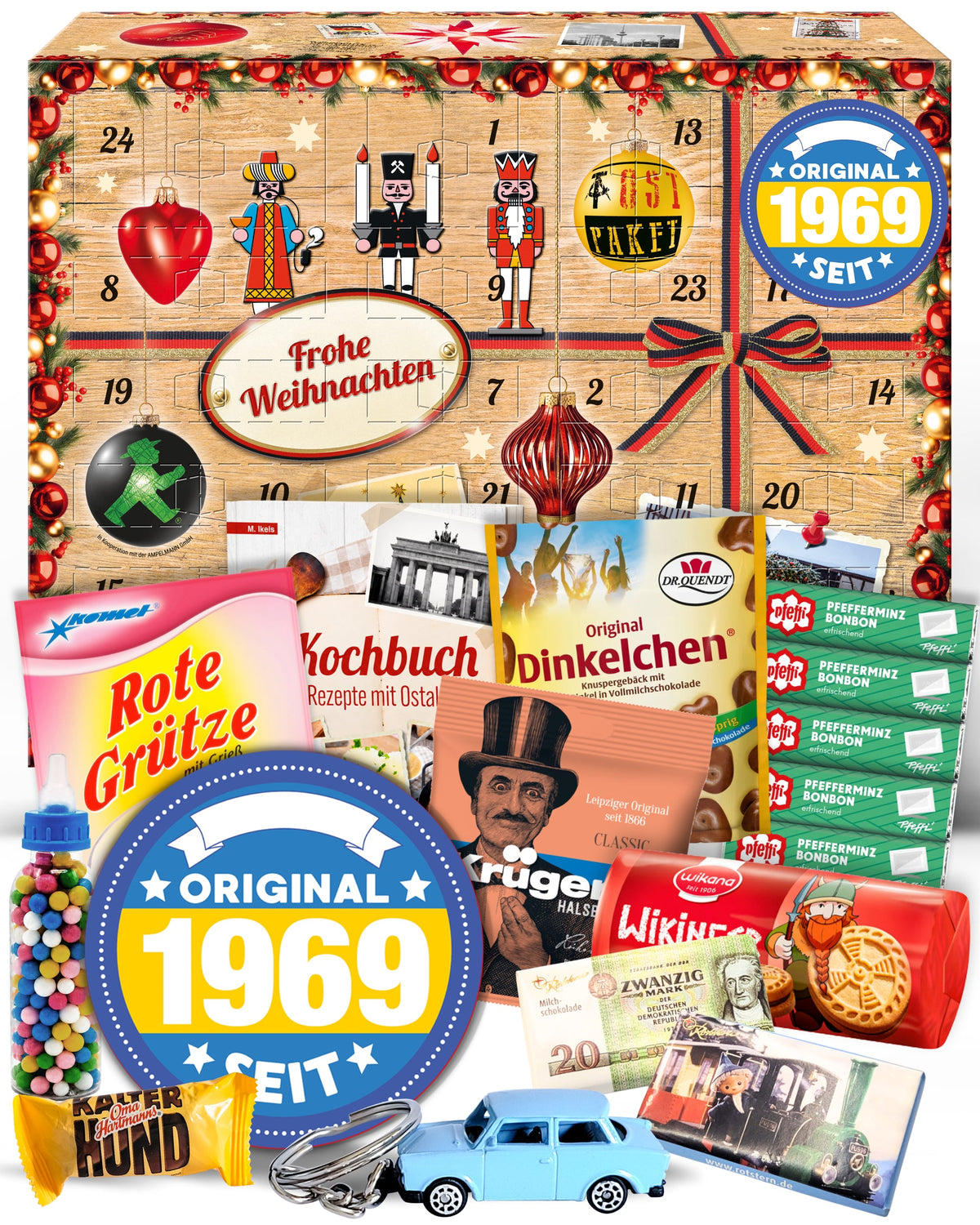 Original seit 1969 - Ostalgie Adventskalender 2026 – 24 Erinnerungen & Kultprodukte mit Marken wie Viba, Halloren, Zetti, Komet & Pfeffi