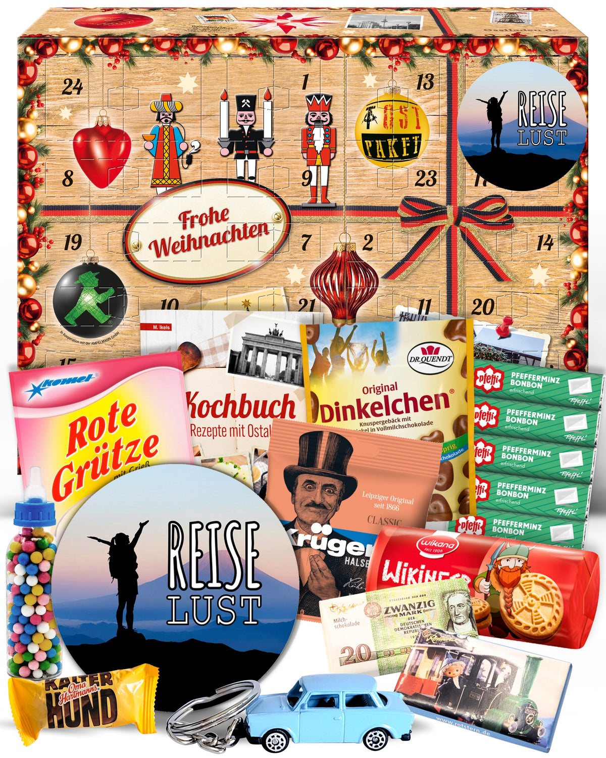 Reiselust - Ostalgie Adventskalender 2026 – 24 Erinnerungen & Kultprodukte mit Marken wie Viba, Halloren, Zetti, Komet & Pfeffi